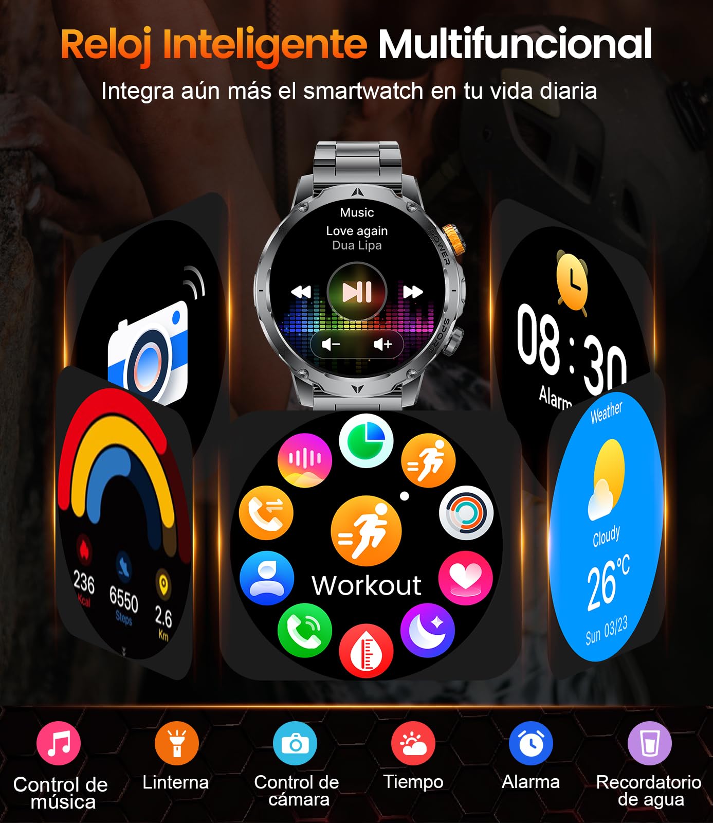 Reloj Inteligente Hombre con 1000 mAh/Linterna/Llamada Bluetooth, 1,7'' Smartwatch Militar con 110+ Modos Deportivos, IP68 Impermeable, Frecuencia Cardíaca, Android iOS, 3 Pulseras+2 Cargadores,EF24-F