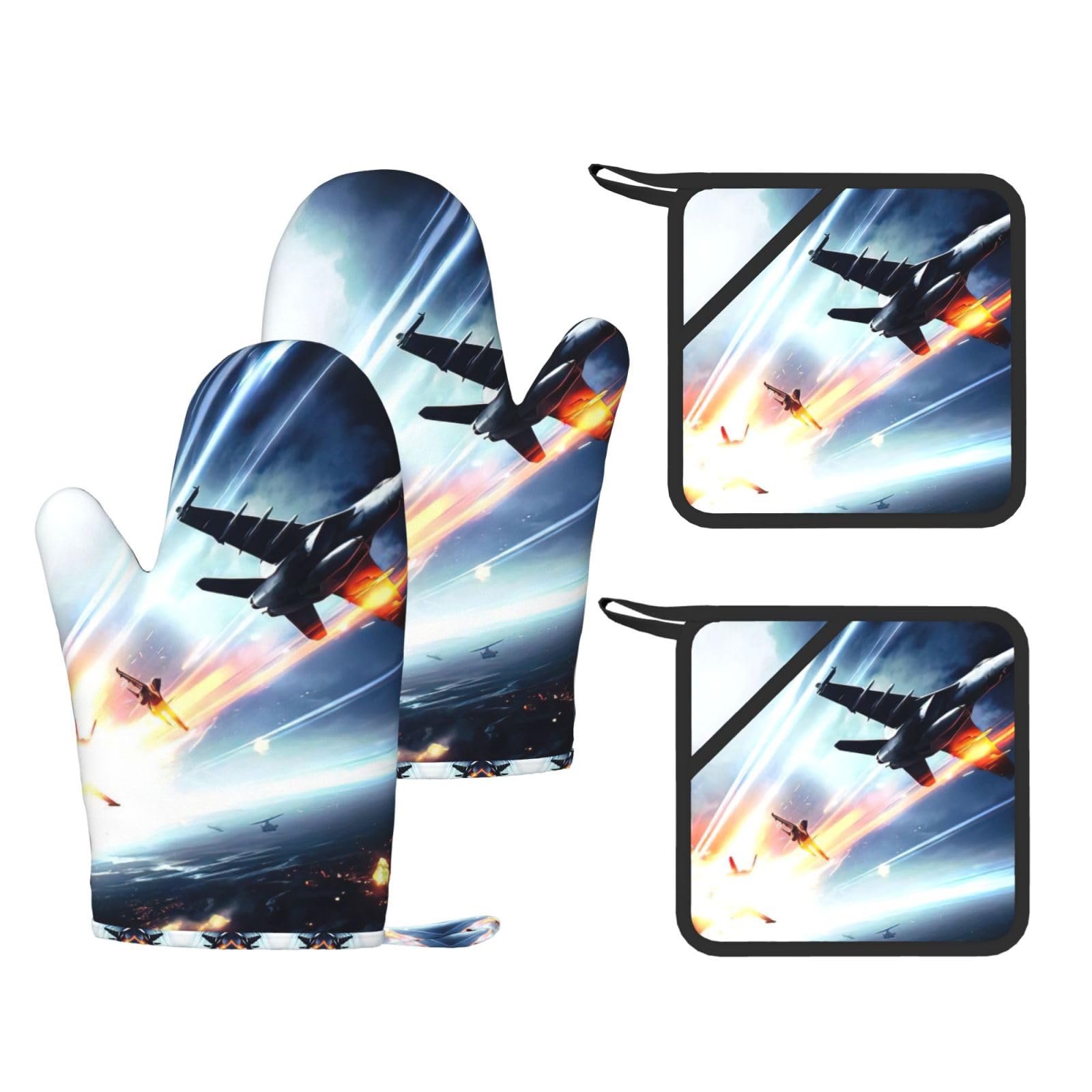 Airplane Trendy Printed Kitchen Set with Heat Resistant Gloves & Non-Slip Hot Pads for Baking & Grilling