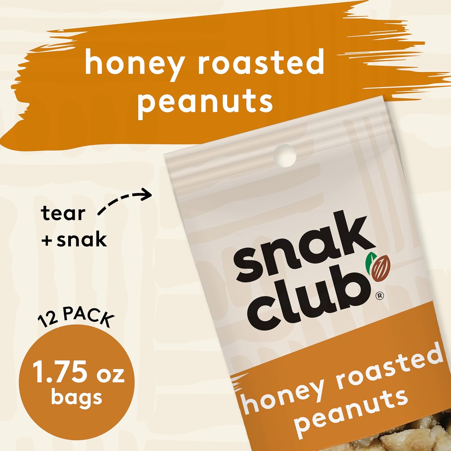Snak Club Honey Roasted Peanuts, 1.75 oz Bags, 12 Pack