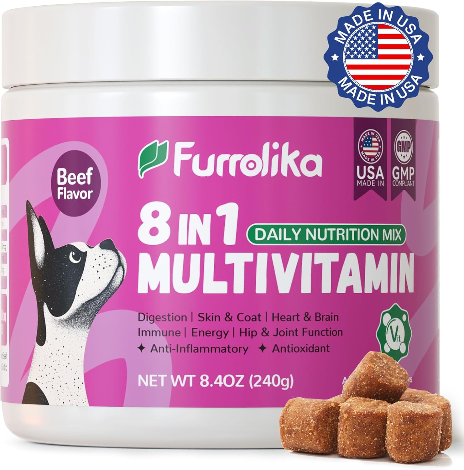 Furrolika Multivitamin Chews for Dogs – Dog Vitamins and Supplements with Glucosamine, Chondroitin, Digestive Enzymes, Probiotics – Hip & Joint, Immune System, Skin & Coat Support – 60 Soft Chews
