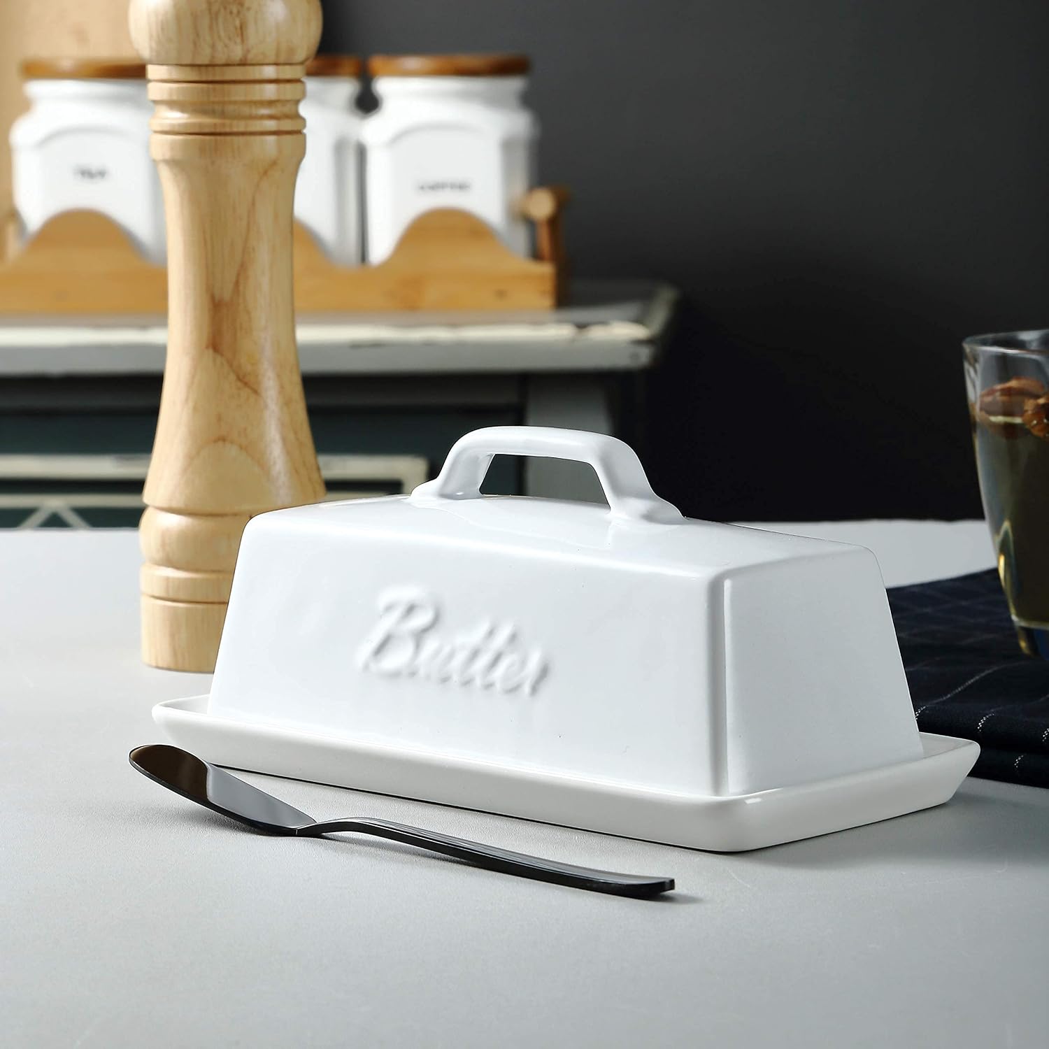 Bruntmor Ceramic Butter Dish With Lid. Butter Holder/ Tray/ Storage With Lid And Handle. Porcelain Butter Keeper For Countertop. Christmas Butter Dish With Cover In White Color - Image 5