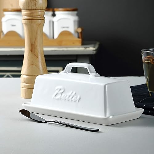 Miniatura 4 de Bruntmor Mantequillera de cerámica con tapa. MantequilleraBandejaAlmacenamiento Con Tapa Y Asa. Mantequillera De Porcelana Para Encimera.