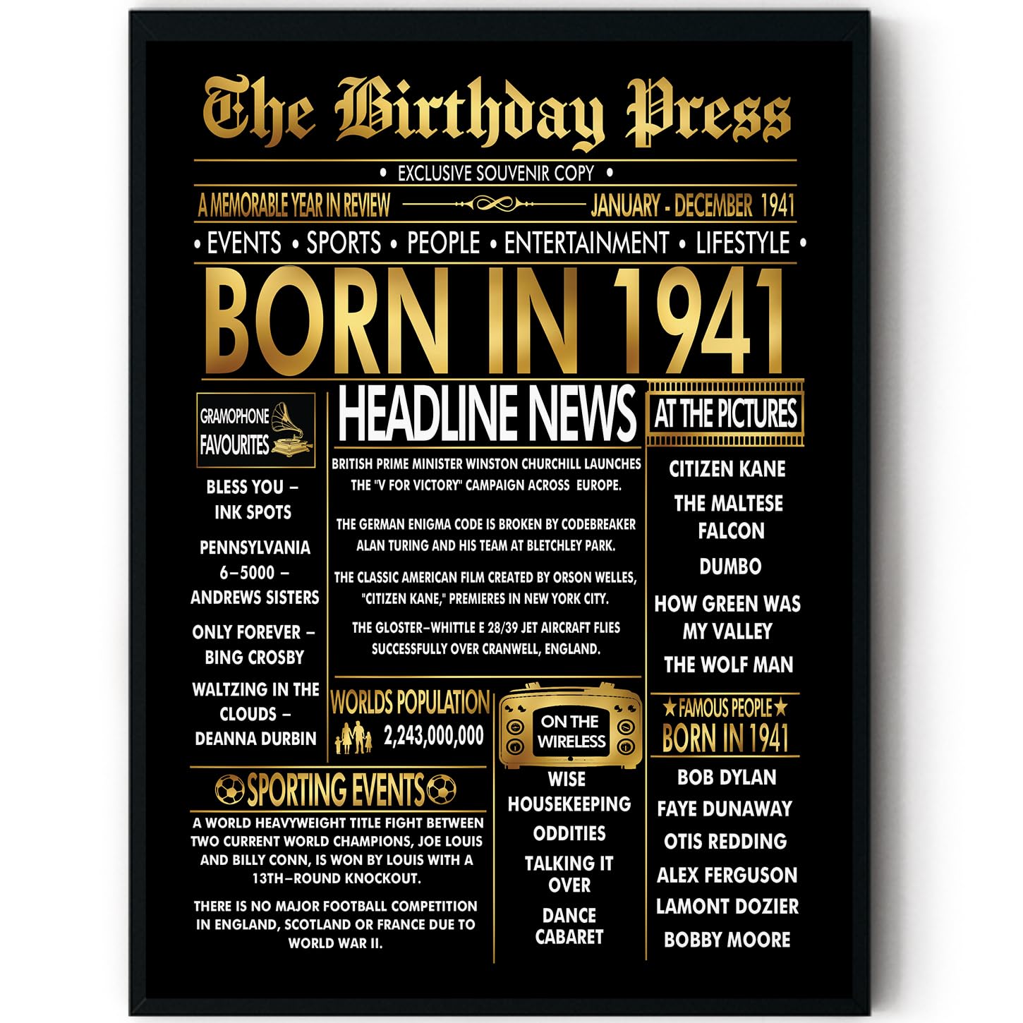 Stuff4 Men's 1941 Gold 85Th Birthday Poster Framed - Golden Born In Newspaper - Happy 85 Birthday For Wo Retro Vintage Gifts Back In 8X10 Inch Bday Party Decor Decoration