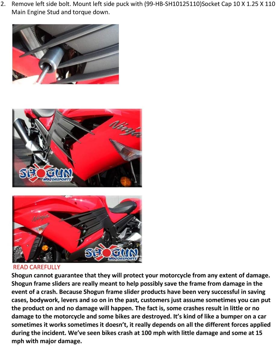 Shogun USA Made Kaw Ninja ZX14 ZX 14 ZX14R 2006 2007 2008 2009 2010 2011 Black No Cut Frame Sliders - 750-4709