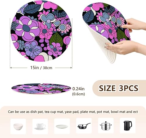 Miniatura 2 de Black Purple Green Pink Daisy Pot Holder Trivet Mats 3 Pcs Heat Resistant Hot Pad for Hot Dishes Absorb Water Trivet Table Runner for Stove Home