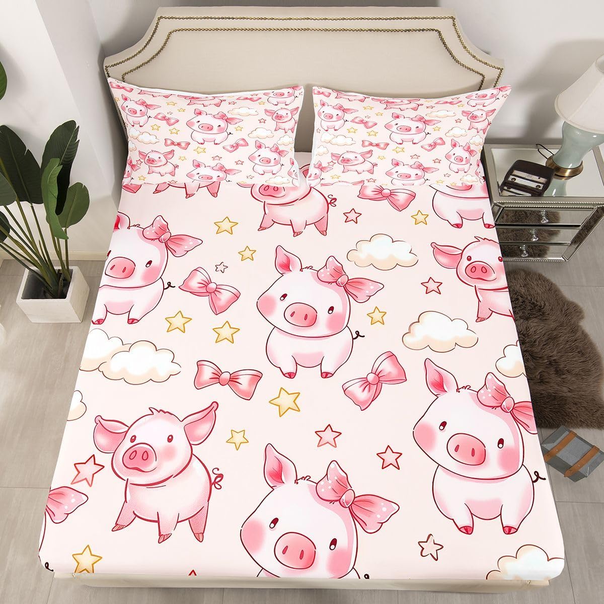 Homewish Pink Pigs Bed Sheets King Size 4 Pcs,Cartoon Pigs Pink Bowknot Bedding Set for Kids Girls Teens,Clouds Stars Dreamy Decor Sheet Set with Flat,Fitted Sheet,2 Pillowcases image 4