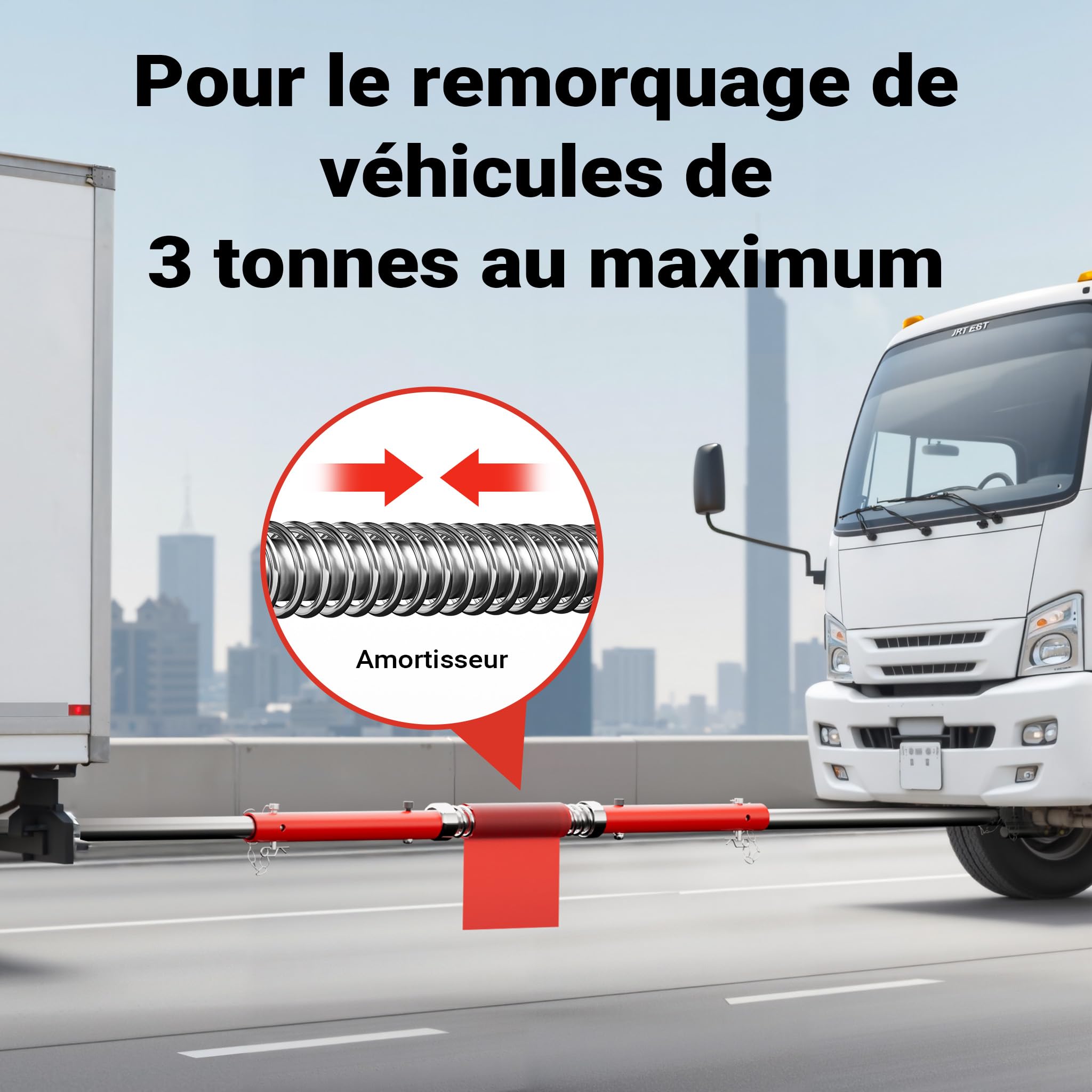 WilTec Barre de remorquage - 2000 mm Environ/Jusqu’à 3 tonnes - Dispositif de remorquage tractage - Traction Automobile pour Sécurité routière