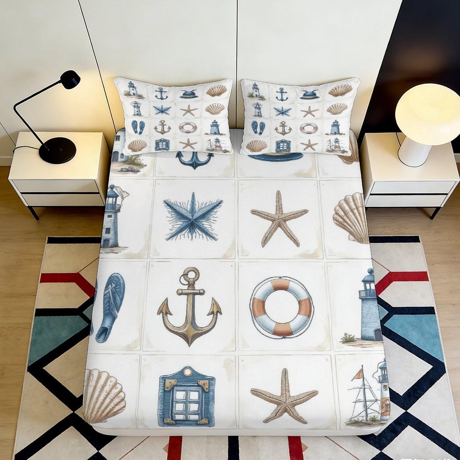 Zfldkwgb Style-5 3D Printed Nautical Anchor Fitted Sheet Microfiber Ocean Starfish Bed Cover Anti-Slip Easy Care For Bedroom Guestroom Decor 90X200x25cm