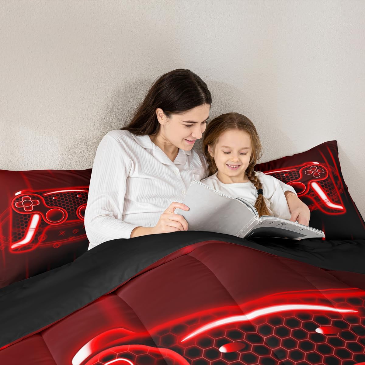 Erosebridal Game Controller Comforter Set Twin Size Boys Gaming Bedding Set for Kids Boys Girls Red Neon Gamepad Comforter 3D Game Joysticks Honeycomb Quilt Bedroom Decor