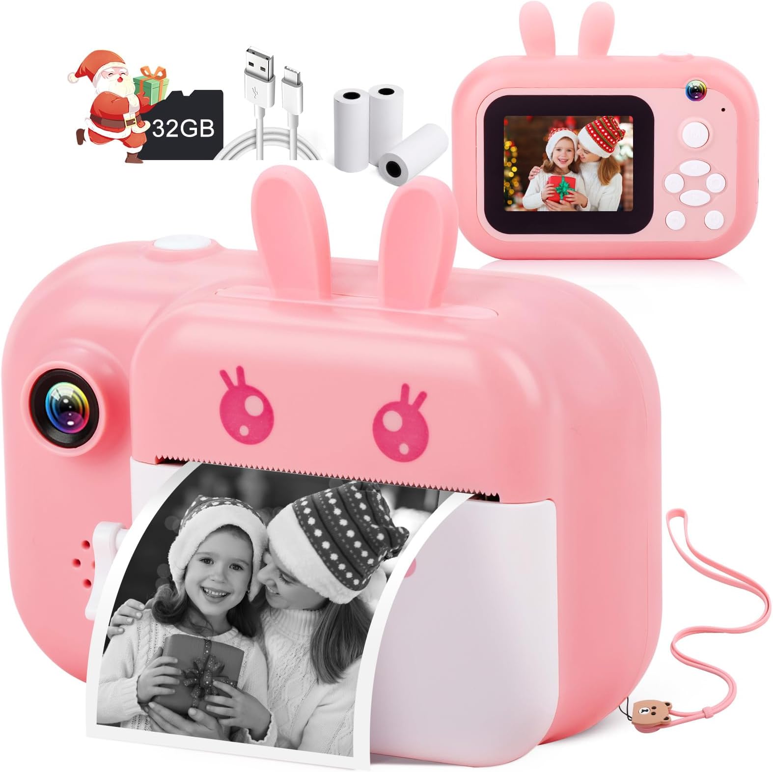 MINIBEAR 48MP Kids Instant Camera for Girls with 3 Rolls Print Paper