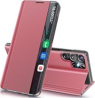 Vista 8 de Funda para Samsung Galaxy S22 Ultra 5G, con ventana transparente delgada para Samsung S22 Ultra 5G, espejo de lujo, PC duro, soporte de cuero, a