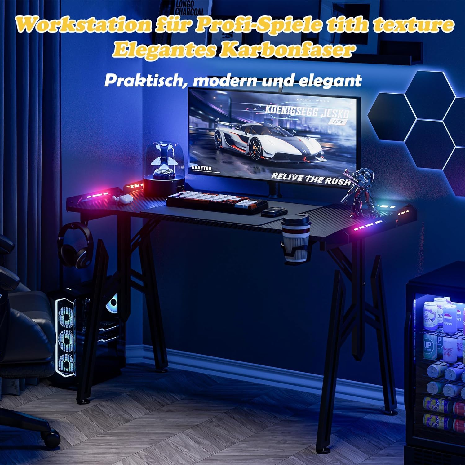 LZQ Scrivania da gaming a LED da 120 x 60 cm, colore nero, tavolo per PC con supporto per bevande e ganci per cuffie, scrivania da gaming ergonomica con telaio M