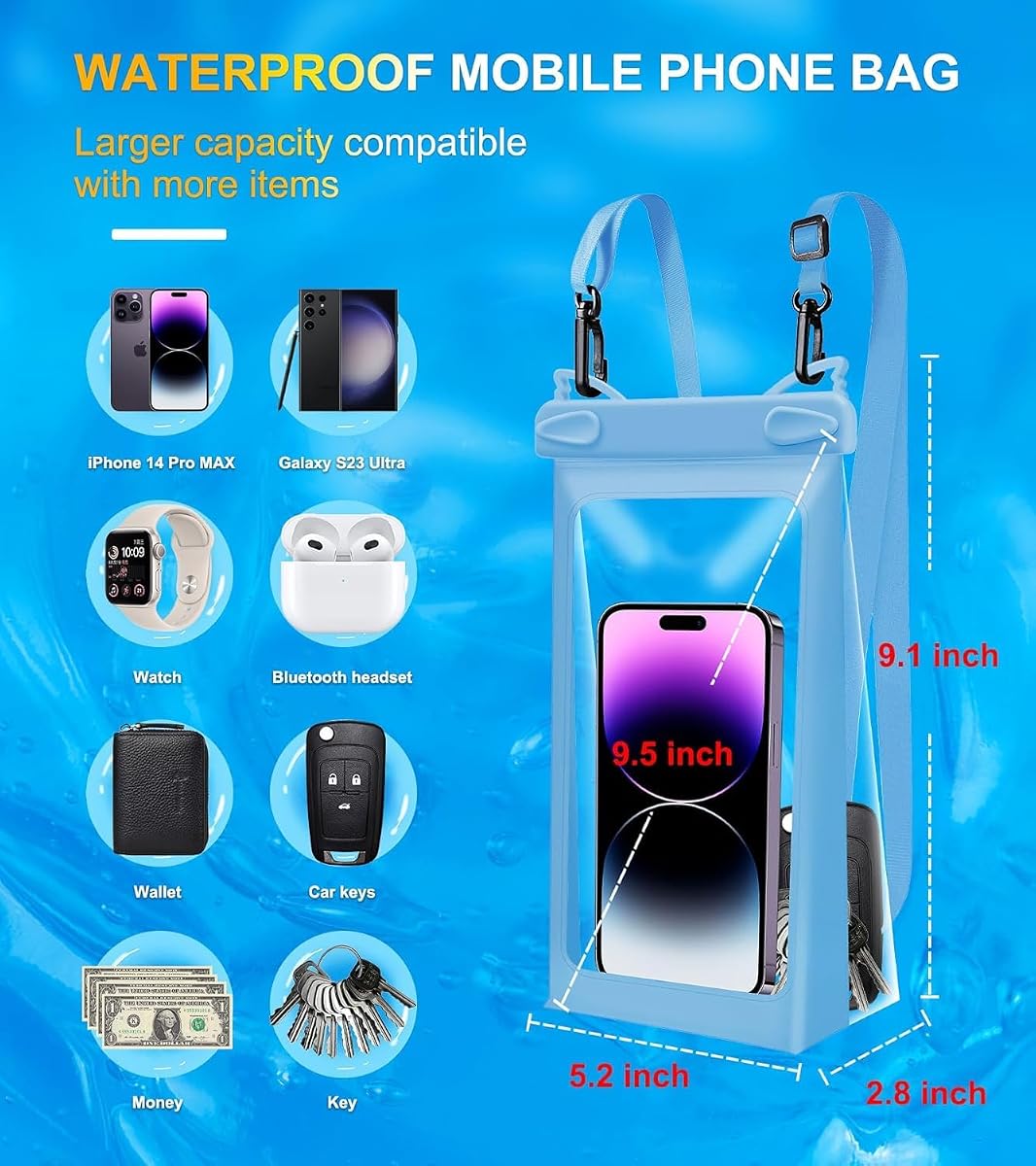 bolsa impermeable flotante universal de gran tamaño con cordón, bolsa seca subacuática para iPhone | Samsung Galaxia | Google Píxel | Teléfono Motorola, Estuche flotante Vacation Essential, Azul