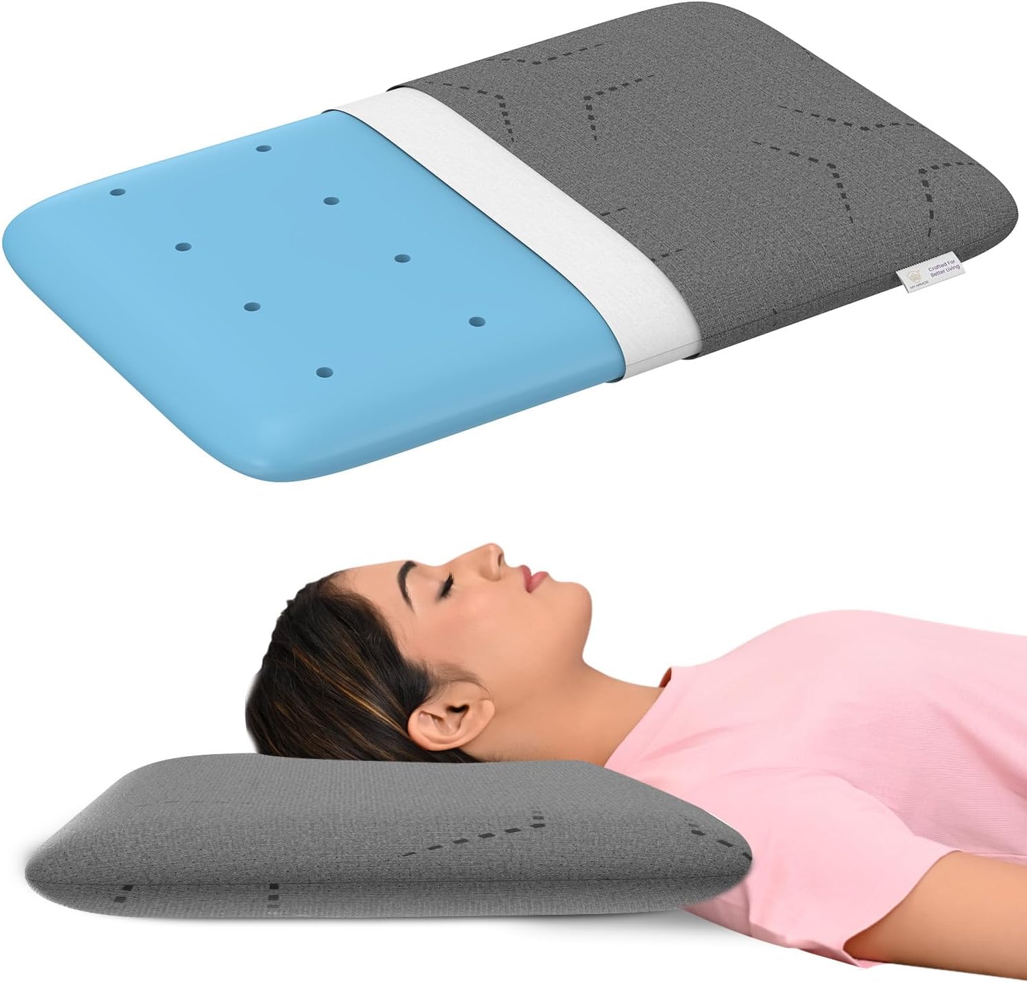 MY ARMOR Ventilated Cooling Gel Memory Foam Pillow Thin Size 3 Inch Height, Pillow for Sleeping, Neck Pain Relief & Back Support Cushion with Grey Pillow Cover - Pack of 1