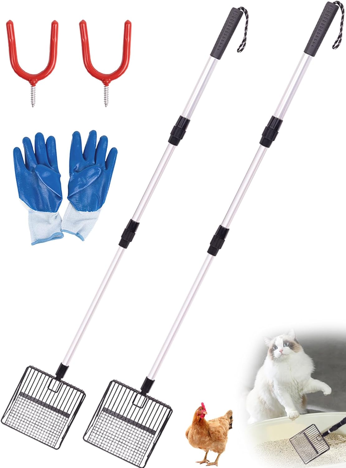 2 Pcs Cat & Hen Poop Scooper with Holder, Metallic 4 in 1 Heavy Responsibility Sifting Litter Scoopers, Lengthy Deal with Cat Litter Scoop, Stretchable Hen Coop Should Haves Equipment, Sturdy Hen Coop Rake