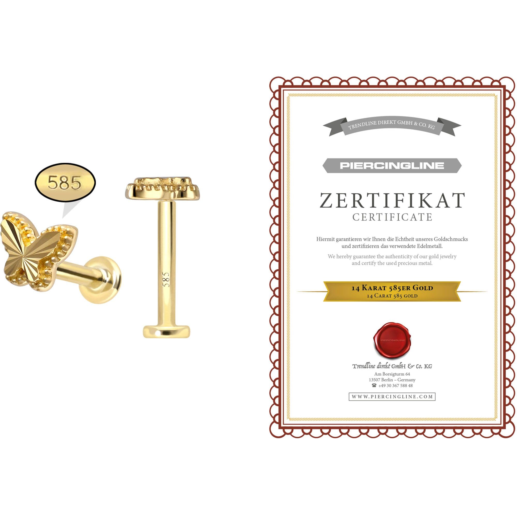 PIERCINGLINE Piercing Stecker 14 Gold Labret mit Innengewinde SCHMETTERLING 585er Gold - Roségoldfarben, Goldfarben, Silberfarben