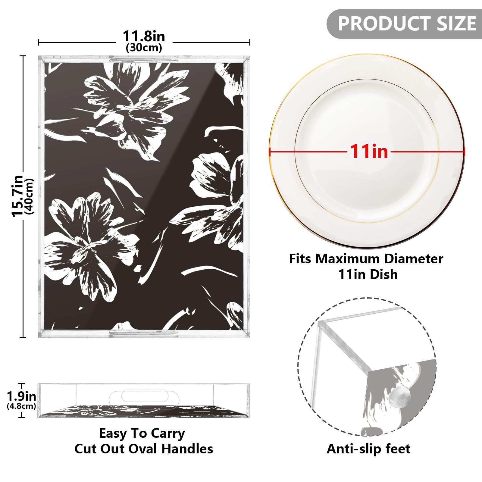 Bandeja de acrílico transparente con asas, bandeja de desayuno de acrílico transparente con patrón de trazos florales, bandeja de desayuno impermeable, bandejas transparentes para servir de 12 x 16