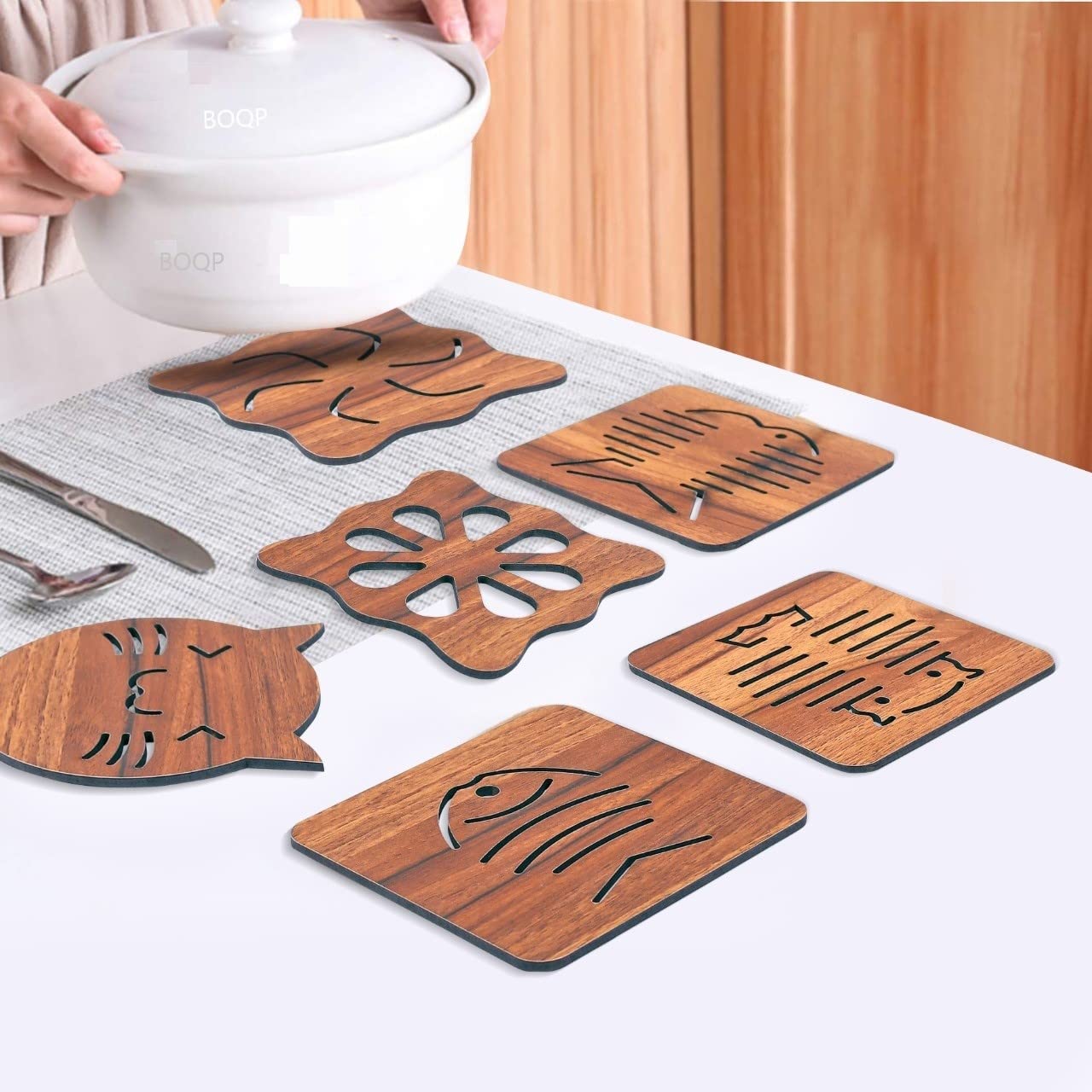 BOQP 6 Pcs Eco-Friendly and Durable Wooden Table Placemat Heat Resistant Hot Pot Coasters Cup Mat Tea Coaster Dining Table Accessories (6 Pcs Standard Square)-image-7