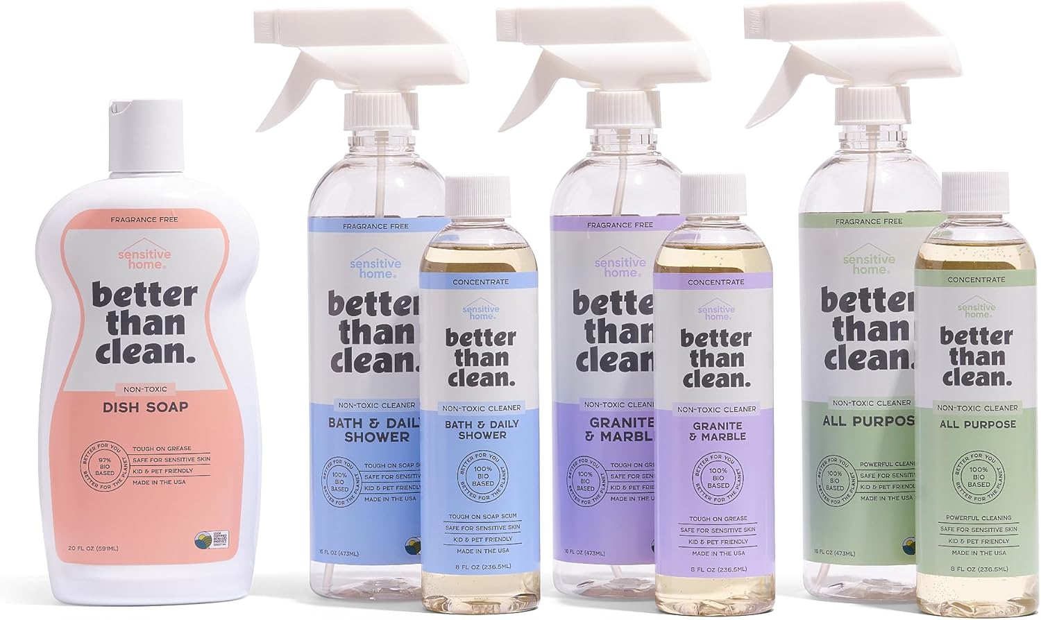 Family Bundle Pack - Plant-Based, Fragrance Free Cleaning Products - With Dish Soap, Granite & Marble, Bath and Shower, and All Purpose Cleaner - Includes 4 8oz Concentrates