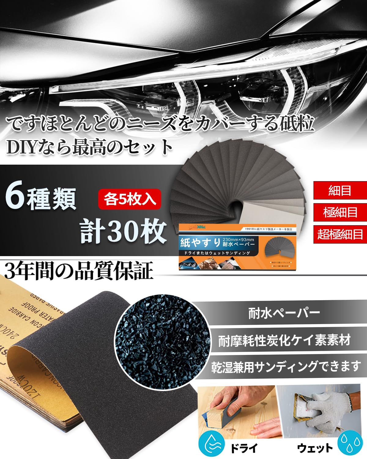 Amazon | HWXINIE 耐水ペーパー 6種類30枚 極細目 紙やすりセット(1000
