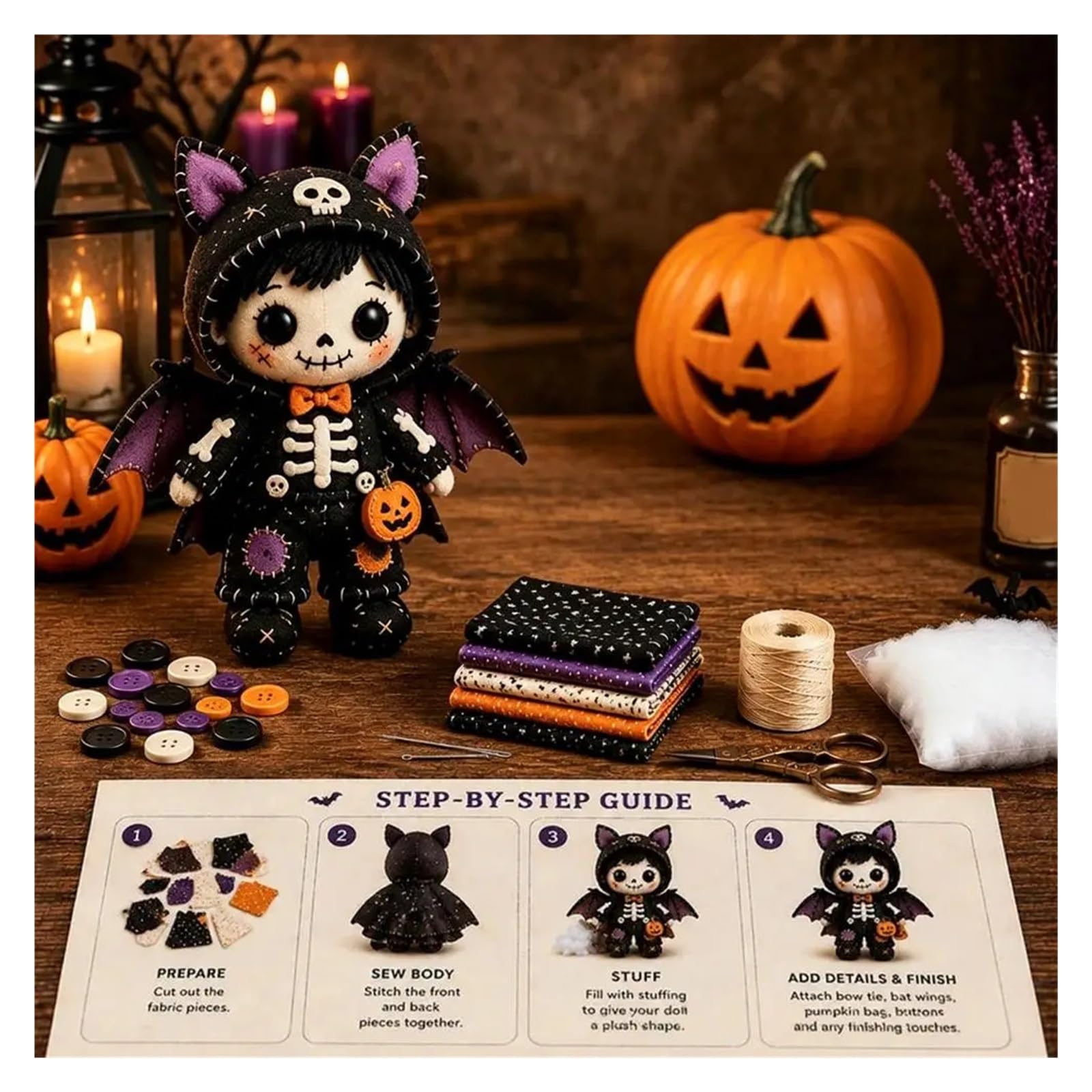 Avoltre kit patchwork fai da te Kit patchwork scheletro strega | Kit fai da te for bambola scheletro gotico(G)