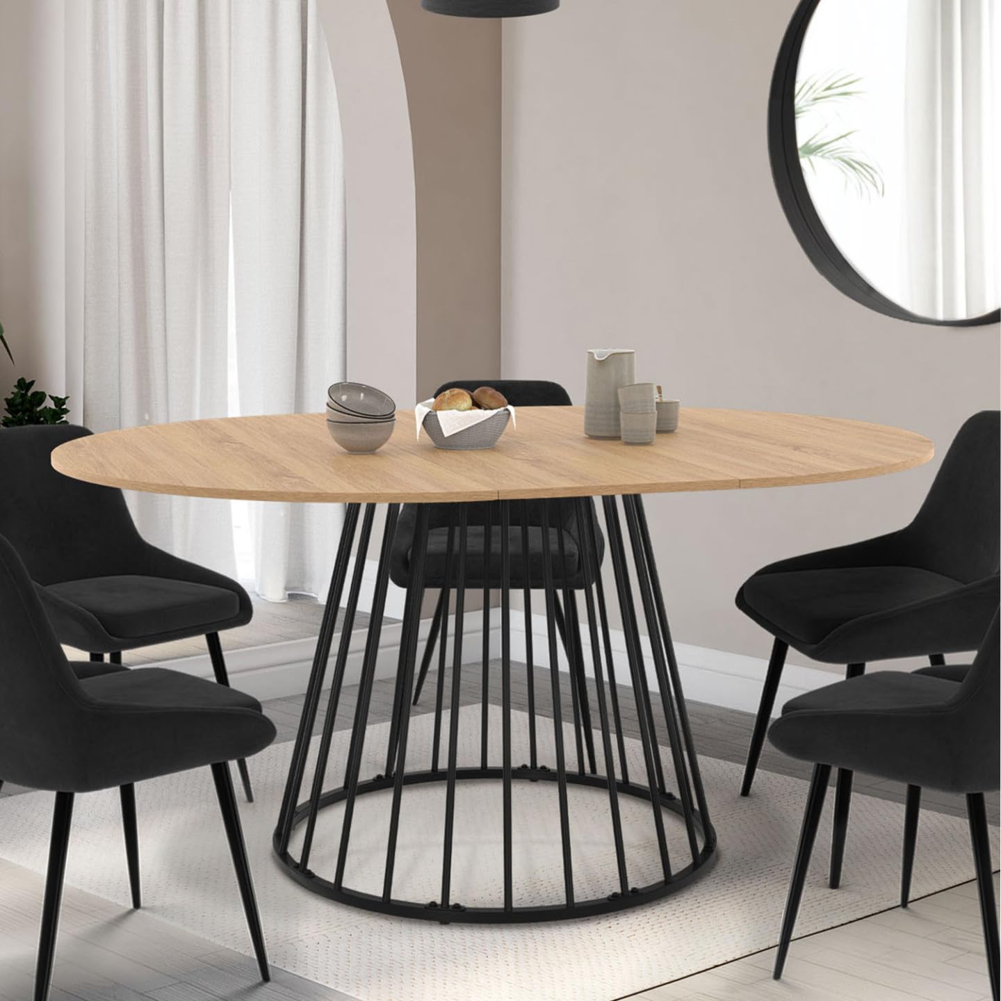 IDMarket - Tavolo da pranzo rotondo allungabile YUNA 4-8 persone con piano in legno e gamba in filo metallico nero 110-150 cm