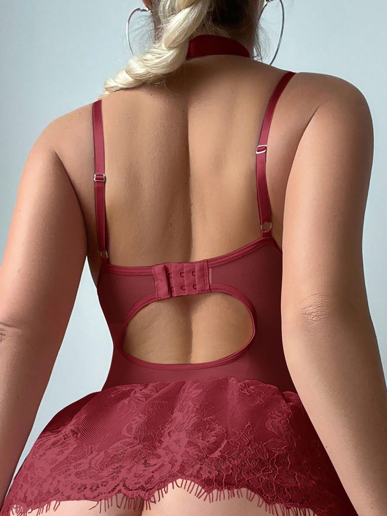 Sexy outfit Seksowny gorset typu choker z fiszbinami, koronkowa przezroczysta podwiązka pończochy komplet bielizny Babydoll ze stringami 4-częściowe stroje