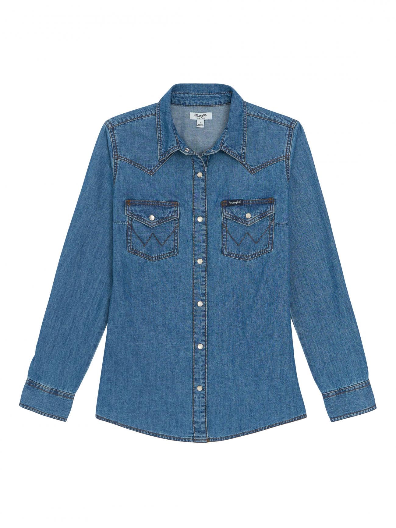 Wrangler Damska koszula retro z długim rękawem Western Denim Snap, Średni dżins, M