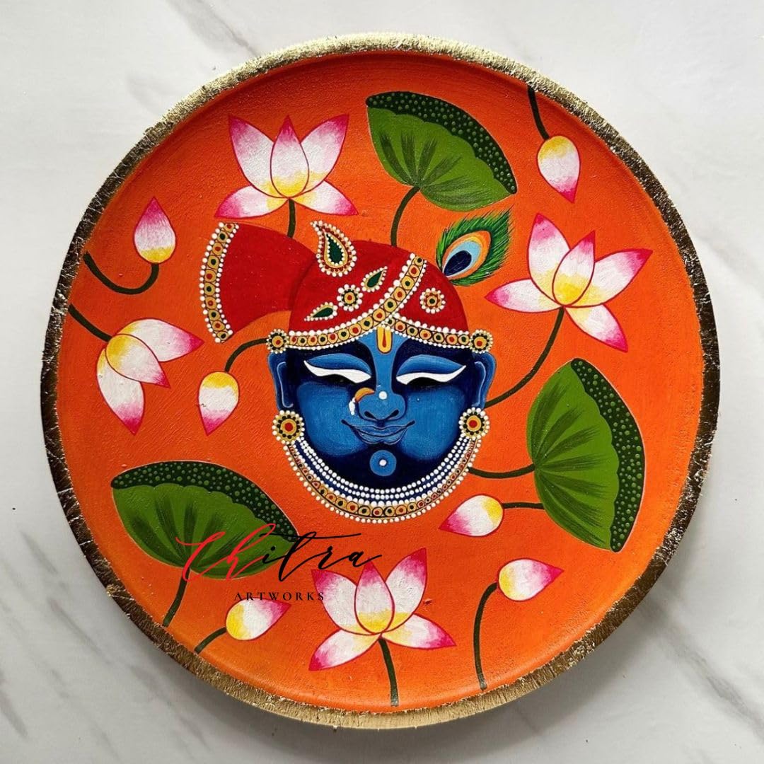Chitra artworks_Pichwai Painting on Wooden Round Plates,Hand Painted Beautiful Pichwai Combination-Multicolour (Shree nathji)