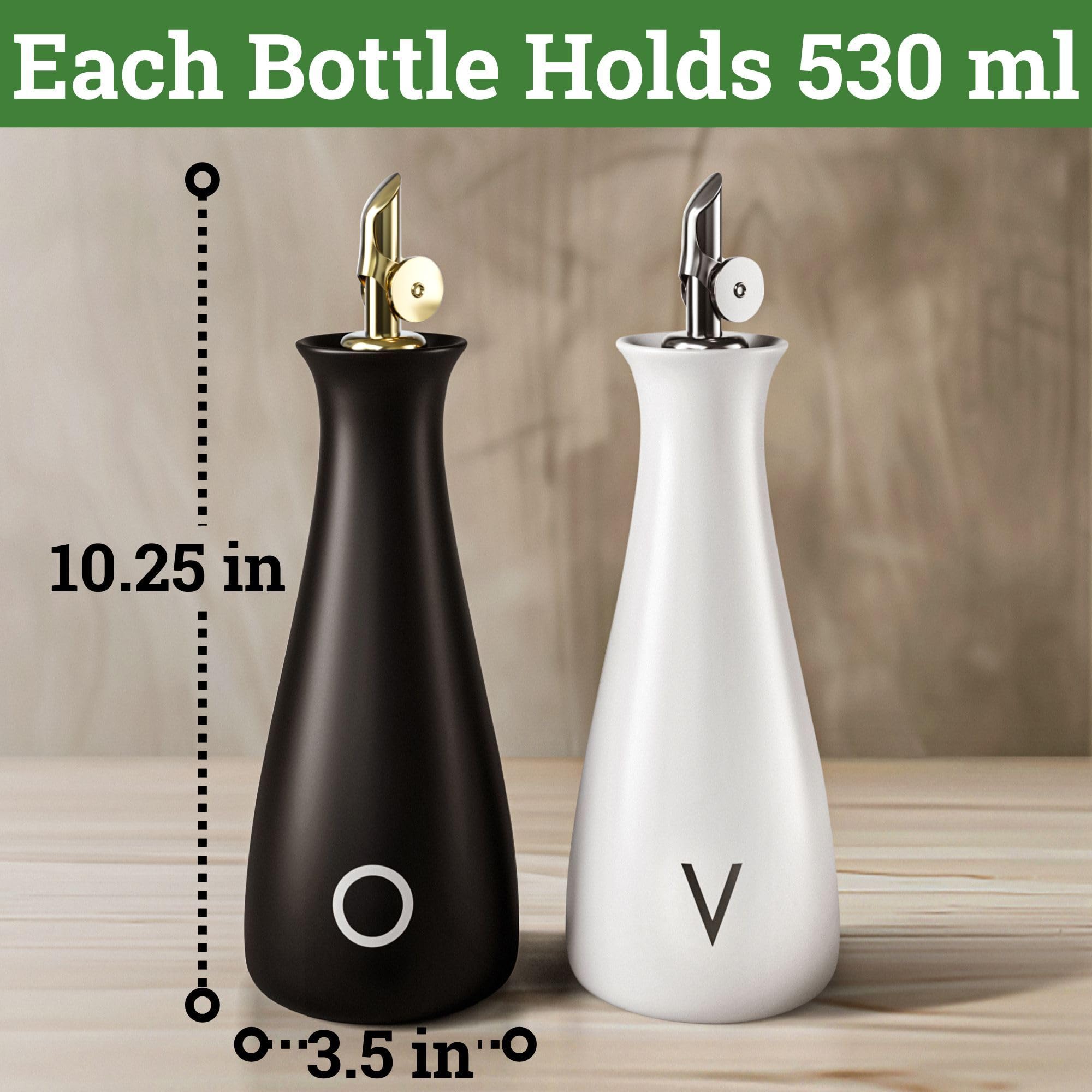 Zestaw dozowników oleju i octu z samozamykającymi się wylewkami ze stali nierdzewnej, pojemność 530 ml, matowa, ceramiczna, szczelna, EVOO i ocet, zestaw 2 butelek z dozownikiem oliwy z oliwek i octu