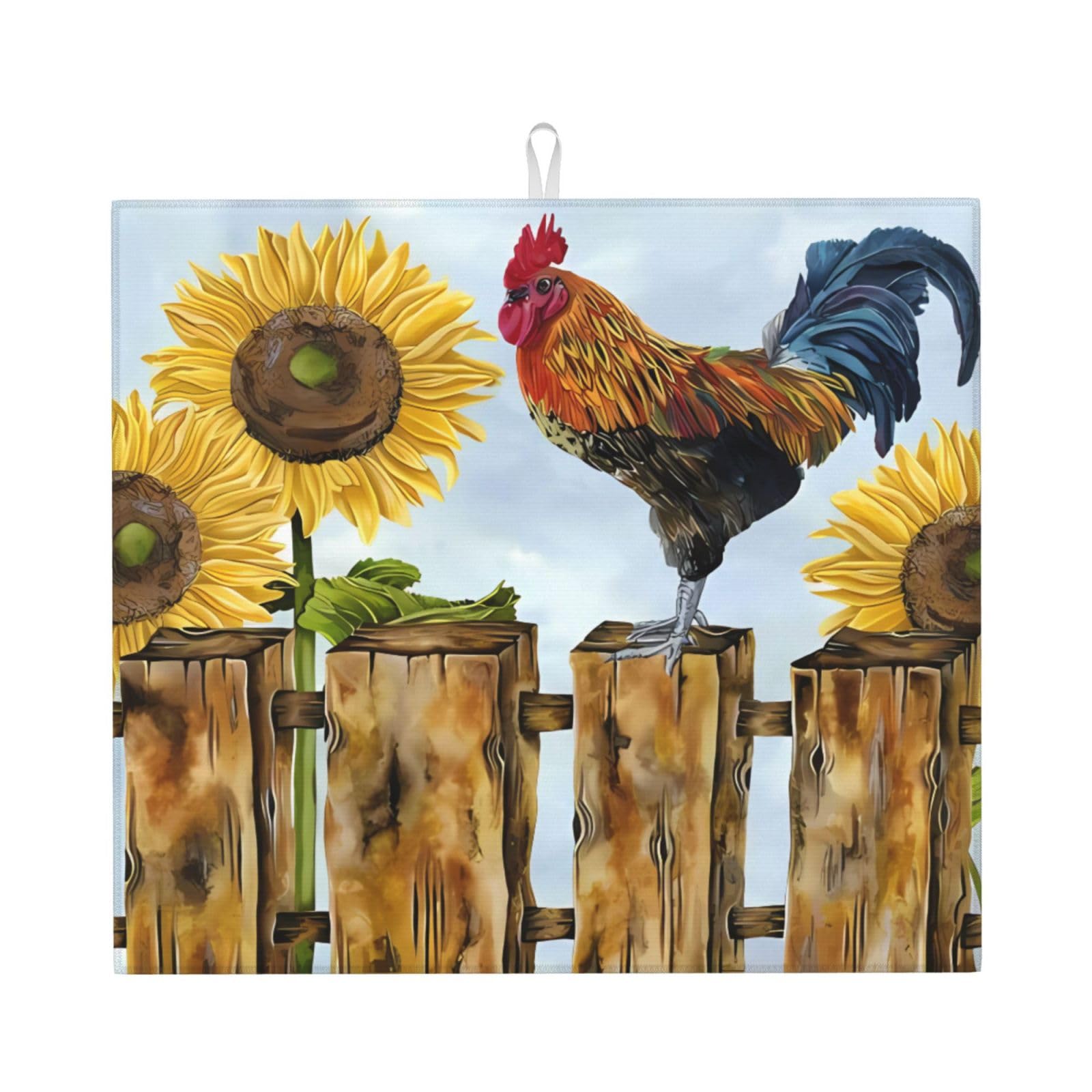 WHJSHOP Vintage Sunflower Rooster Prints Kitchen Drying Mat – Absorbent Dish Throw for Countertops, Quick-Dry Non-Slip Layer with Colorful Prints, Ideal Housewarming Gift