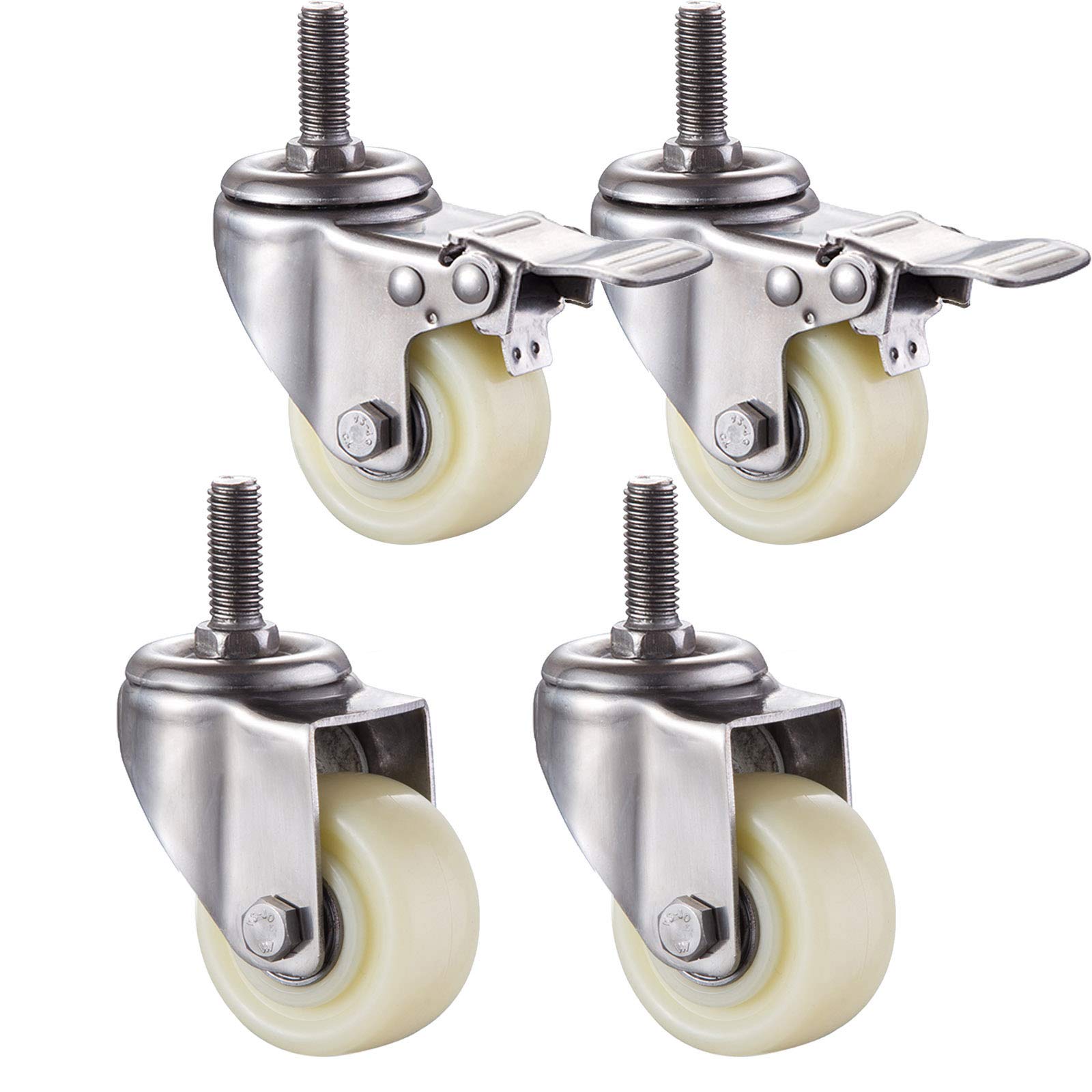 Jolan Transportrollen,Nylonrollen,Edelstahl 304,Lenkrollen Mit Bremsen,360° -Drehung,Hochleistungsrollen,Schrauben M8/M10/M12.,2brakes+2no Brakes,50mm/M10