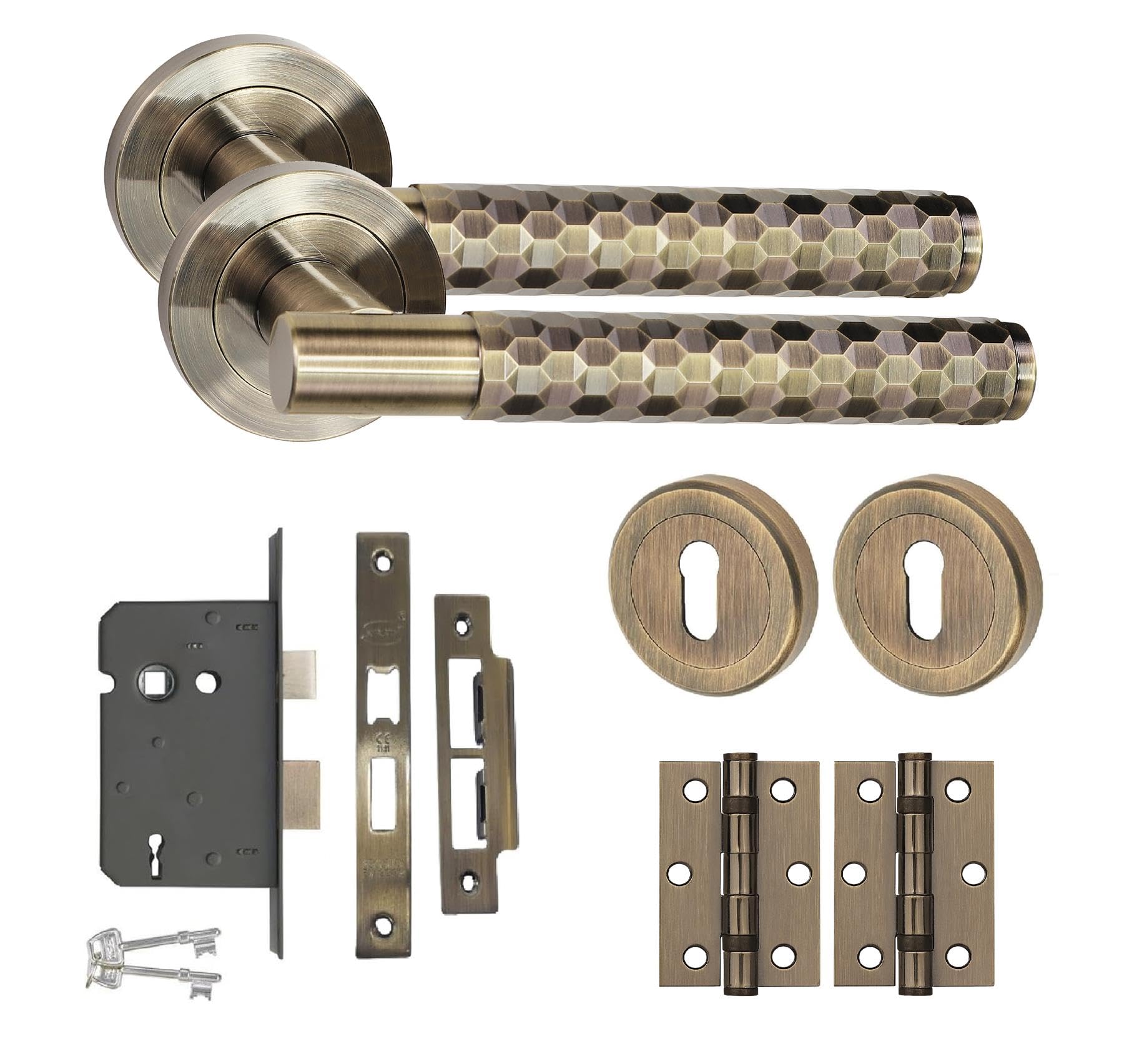 Golden Grace Knurled T-Bar Door Handle Lock Set, Antique Brass