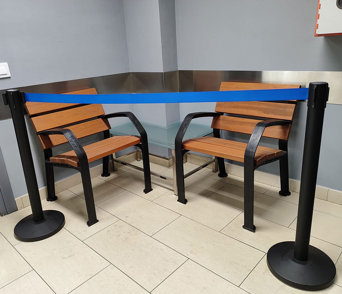 ADO Poste separador de hierro lacado negro con Cinta Extensible Azul 3m Delimitador de paso retráctil
