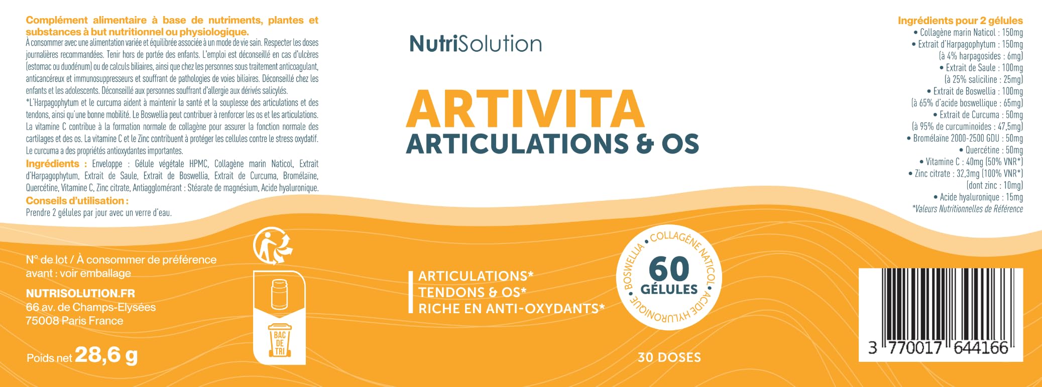 NutriSolution Artivita Soutien Articulaire – Formule Avancée au Collagène Marin, Acide Hyaluronique & Curcuma pour Articulations, Protection du Cartilage & Confort – 60 Gélules