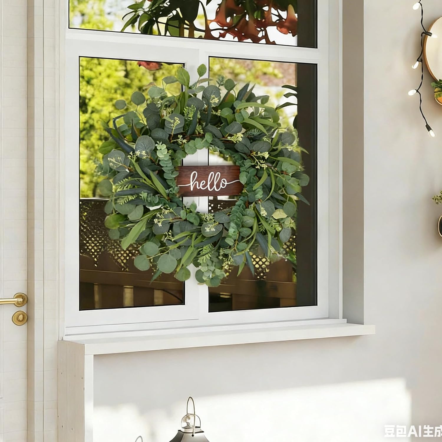 24" Eucalyptus Wreath with Hello Sign for Front Door, All Seasons Greenery Wreath, Artificial Eucalyptus Wreath for Farmhouse Porch, Window, Wall, Year Round Spring Summer Outdoor & Indoor Home Decor