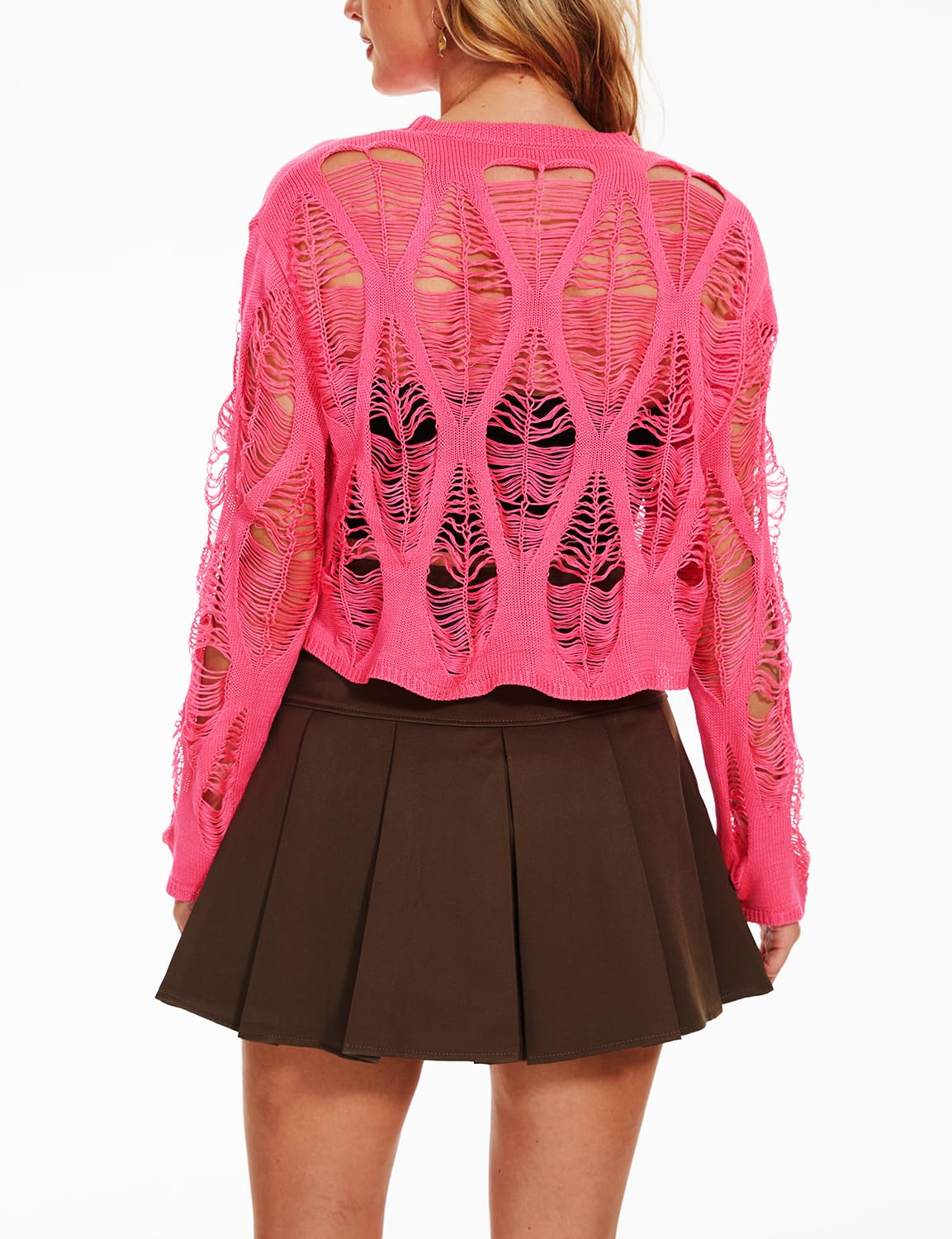 Women's See Through Hole Ripped Crop Tops Knit Pullover Short Sweaters: Rose Red One Size