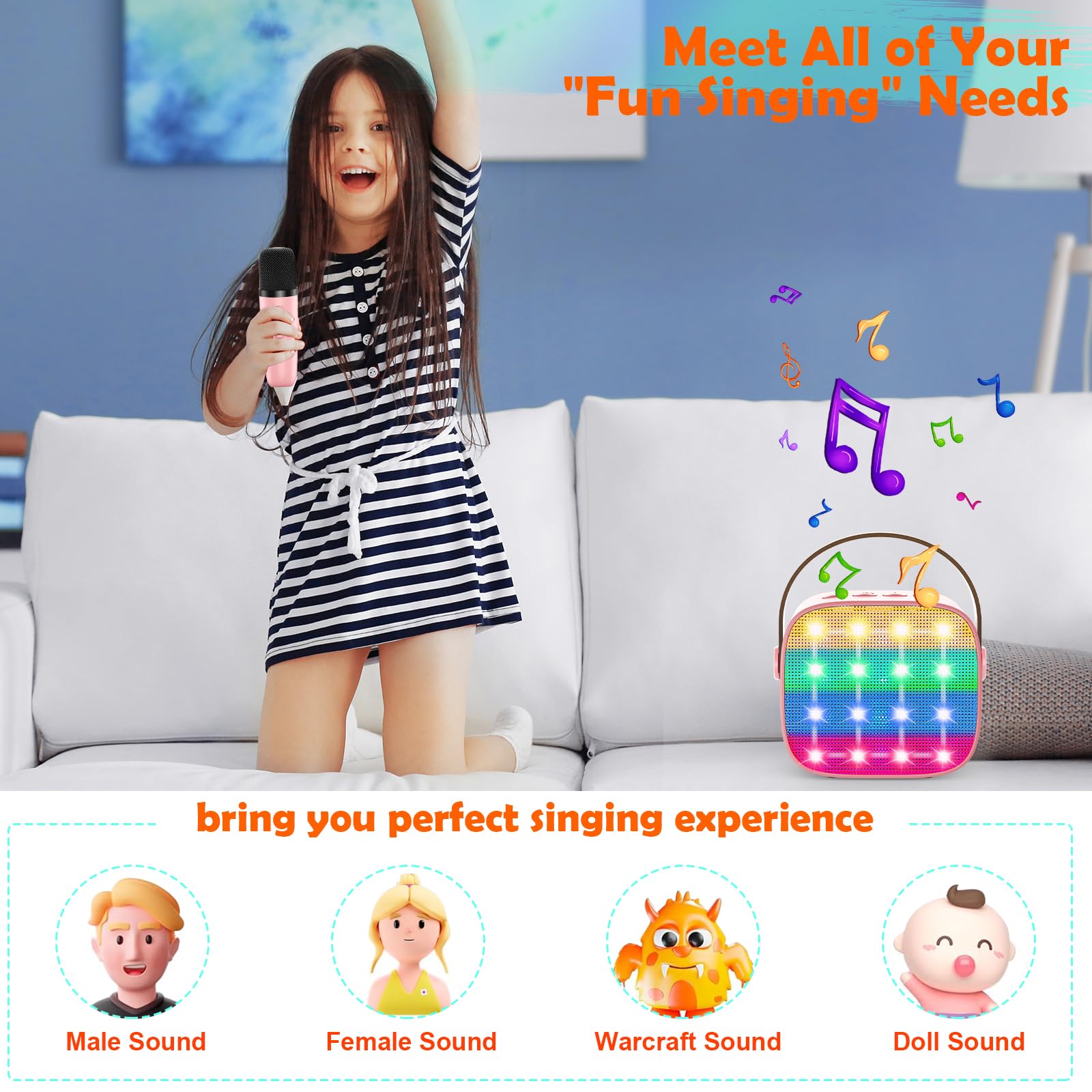 Macchina Karaoke per Bambini con 2 Microfoni Wireless - Microfono Bluetooth, Altoparlante Portatile, Cambio Voce, Luci LED, Giocattolo Musicale per Ragazze e Ragazzi, Regalo per Compleanni e Natale