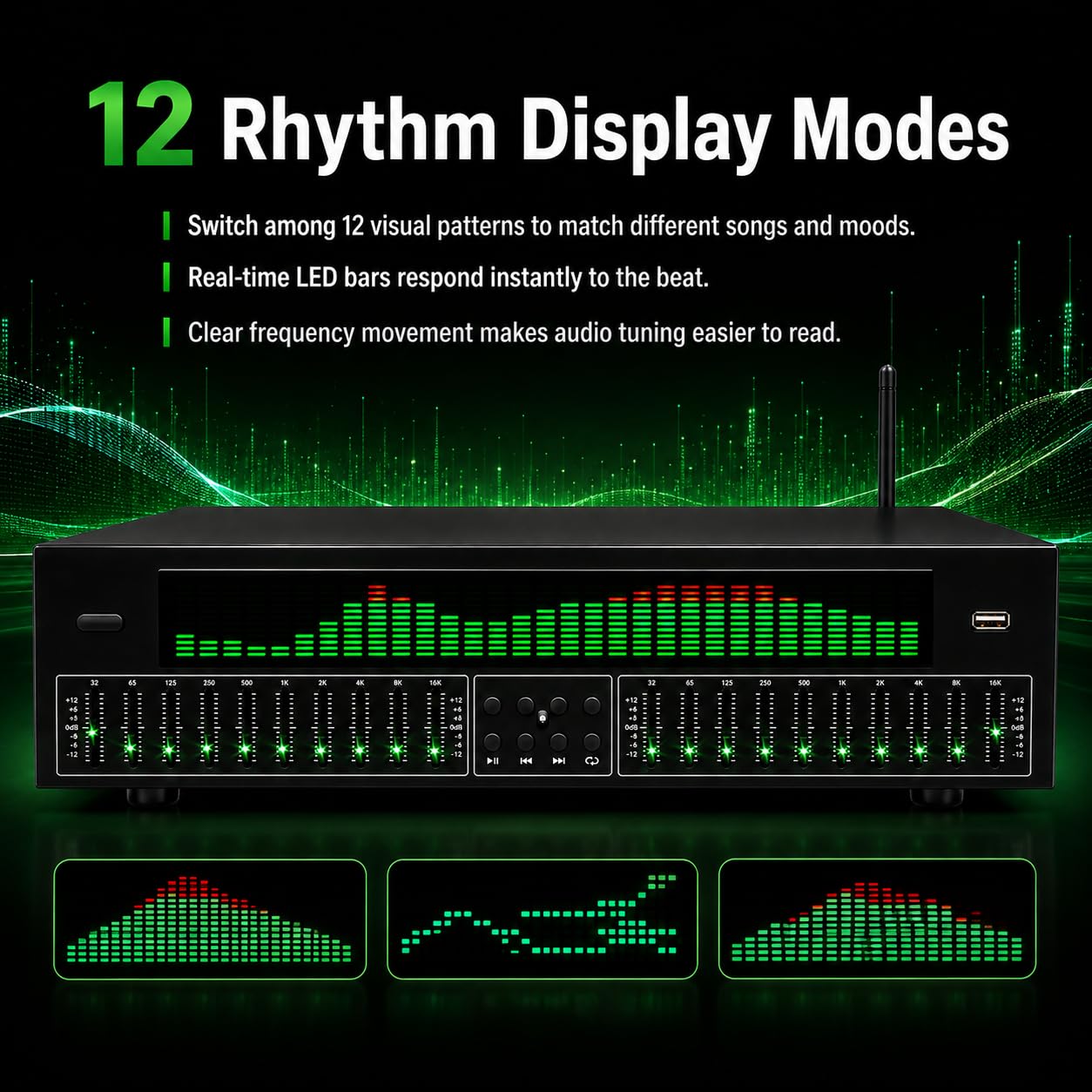 31-pasmowy korektor cyfrowy, optyczny/koncentryczny, wyjście Lotus | Przenośny cyfrowy korektor graficzny stereo audio, wyświetlanie częstotliwości w czasie rzeczywistym, 12 trybów skoku