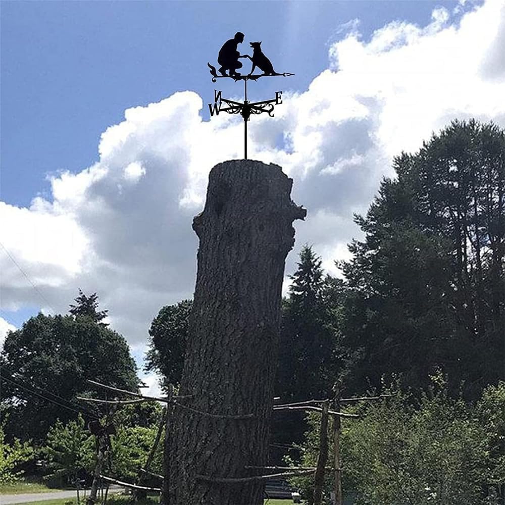 Weather Vane,Weather Vane Man and Dog Sculptures Garden Weathervane Wind Vane with Rust Coating Garden Yard Wind Direction Indicator