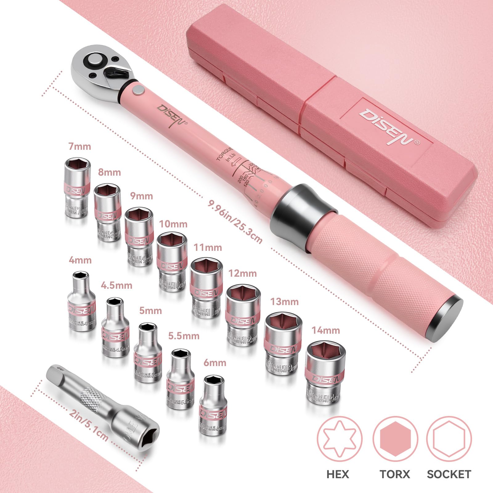 DISEN 15 PCS Pink Bike Torque Wrench Set 1/4 Drive, Gift Wrench