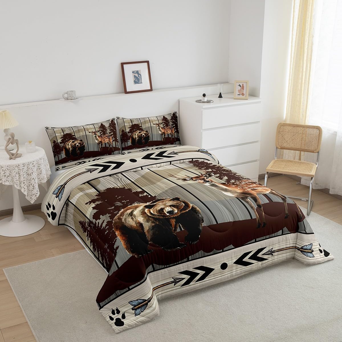 Feelyou Cute Bear Comforter Set Wild Animal Pattern Bedding Set for Teens Deer Wildlife Bear Bedding Set Western Farmhouse Grey Duvet Set Room Decor Queen Size Duvet Set 3Pcs