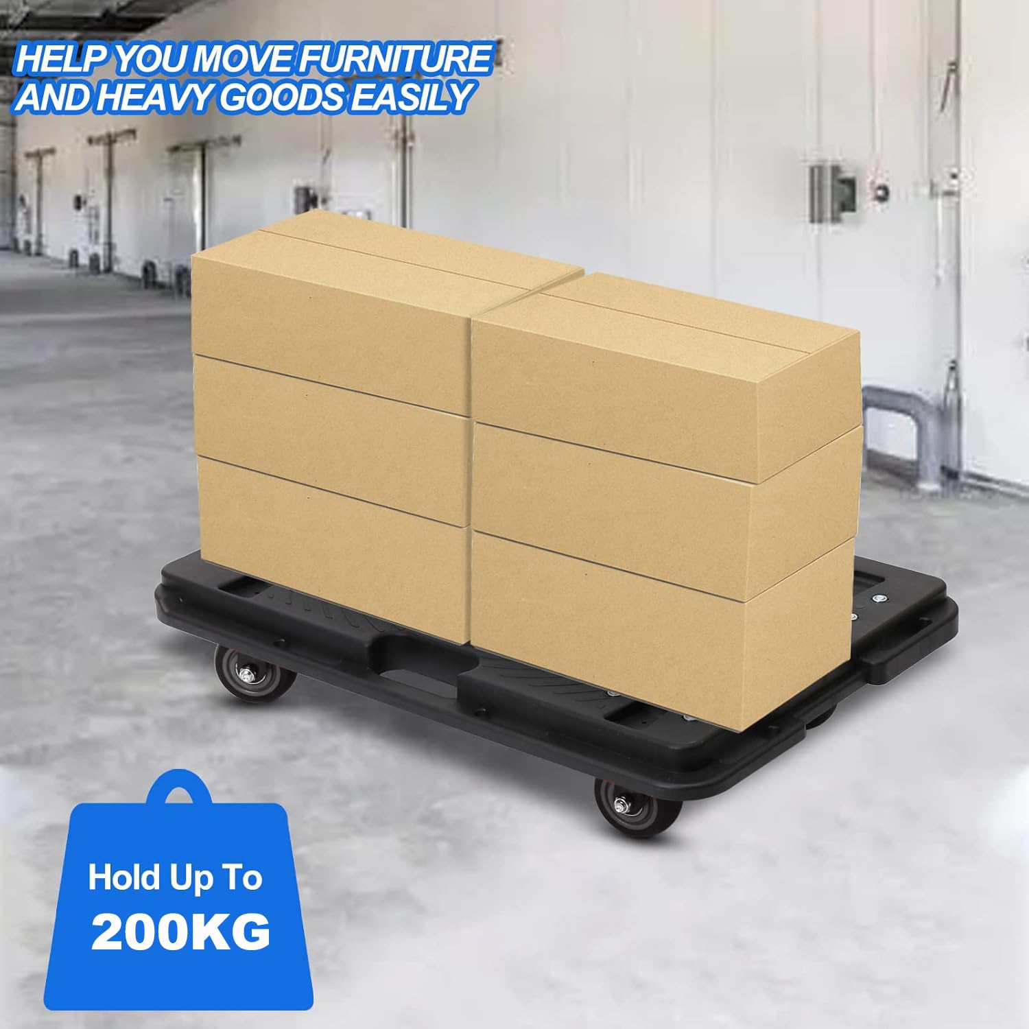 Transportroller 60 x 40 cm, 200 kg Tragkraft, Flacher Möbelroller mit Rädern, Tragbare rollbretter Transport für schwere Möbel, Schwarz