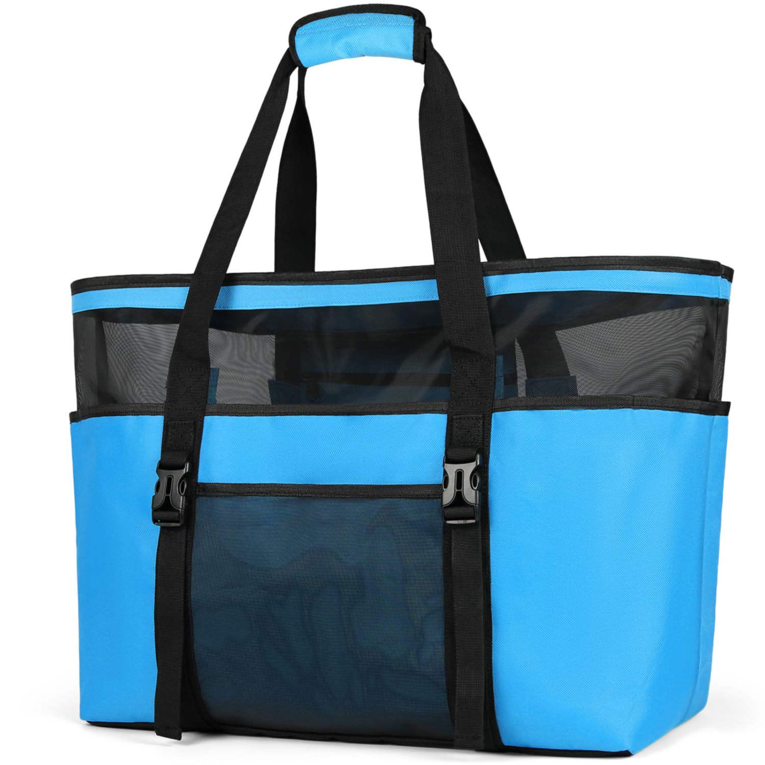 RAINSMORE Grand Sac de Plage Femme XXL en Maille avec Fermeture Éclair Tout de Plage Pliable Anti-Sable Imperméable Sac Cabas Plusieurs Poches de Rangement pour Plage Voyages Gym Piscine Bleu