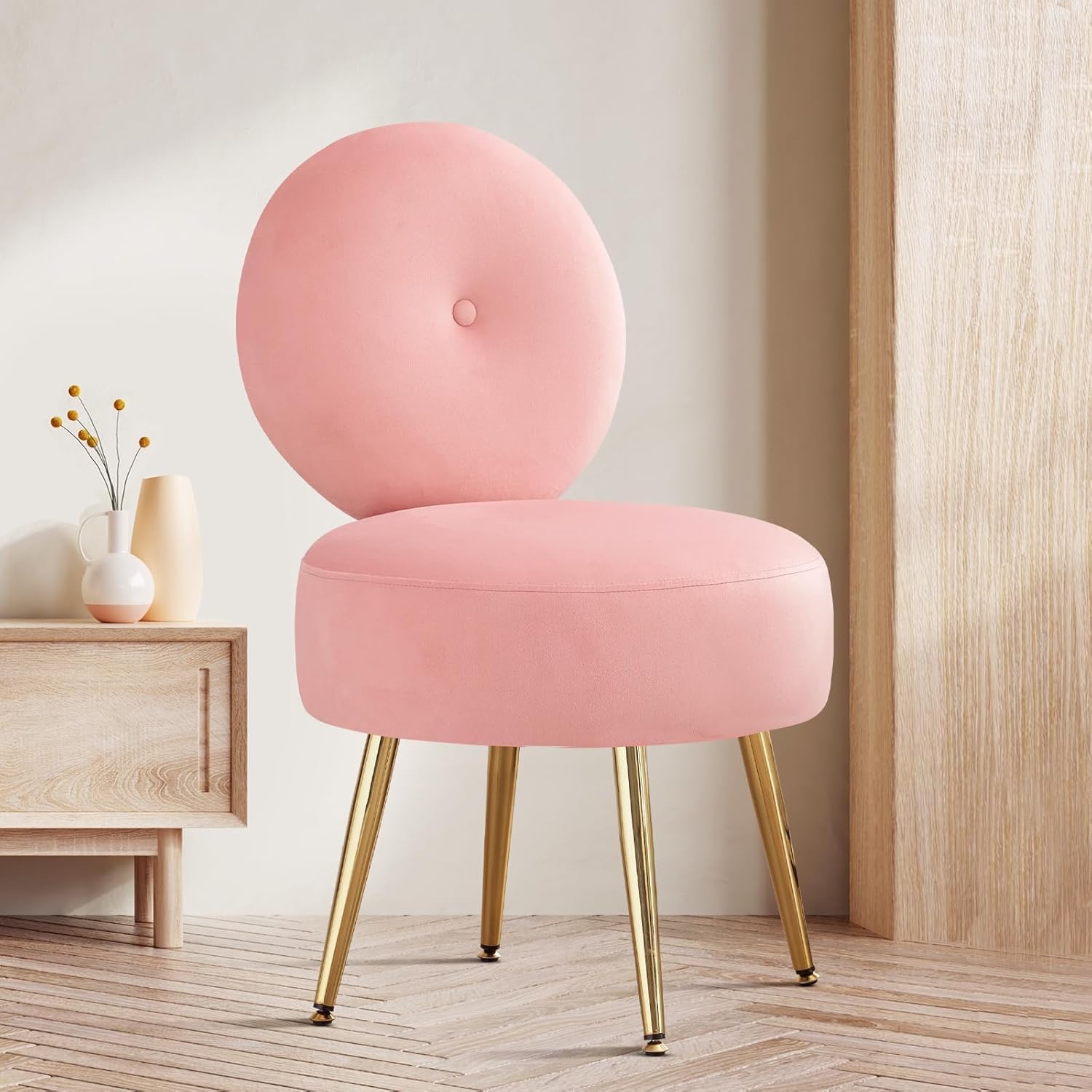 Craft Capital Modern Velvet Makeup Chair – Armless Upholstered Vanity Stool with Golden Metal Legs, Round Backrest for Makeup Room, Bedroom, and Dressing Room (Pink)