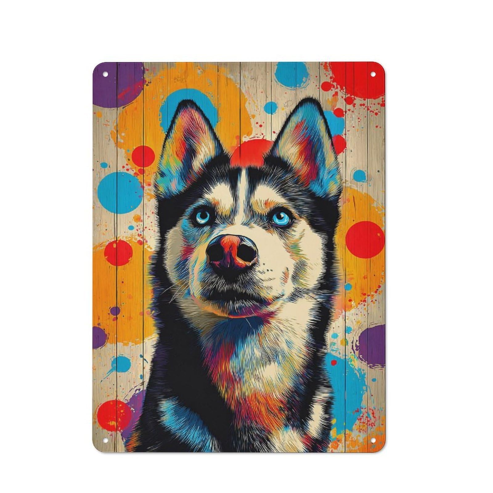 Junmoney Colorful Husky Portrait Artwork 40X30cm Rustic Tin Sign With For Dining Room Or Kitchen, A Decorative Metal Sign For Kitchens And Dining Spaces
