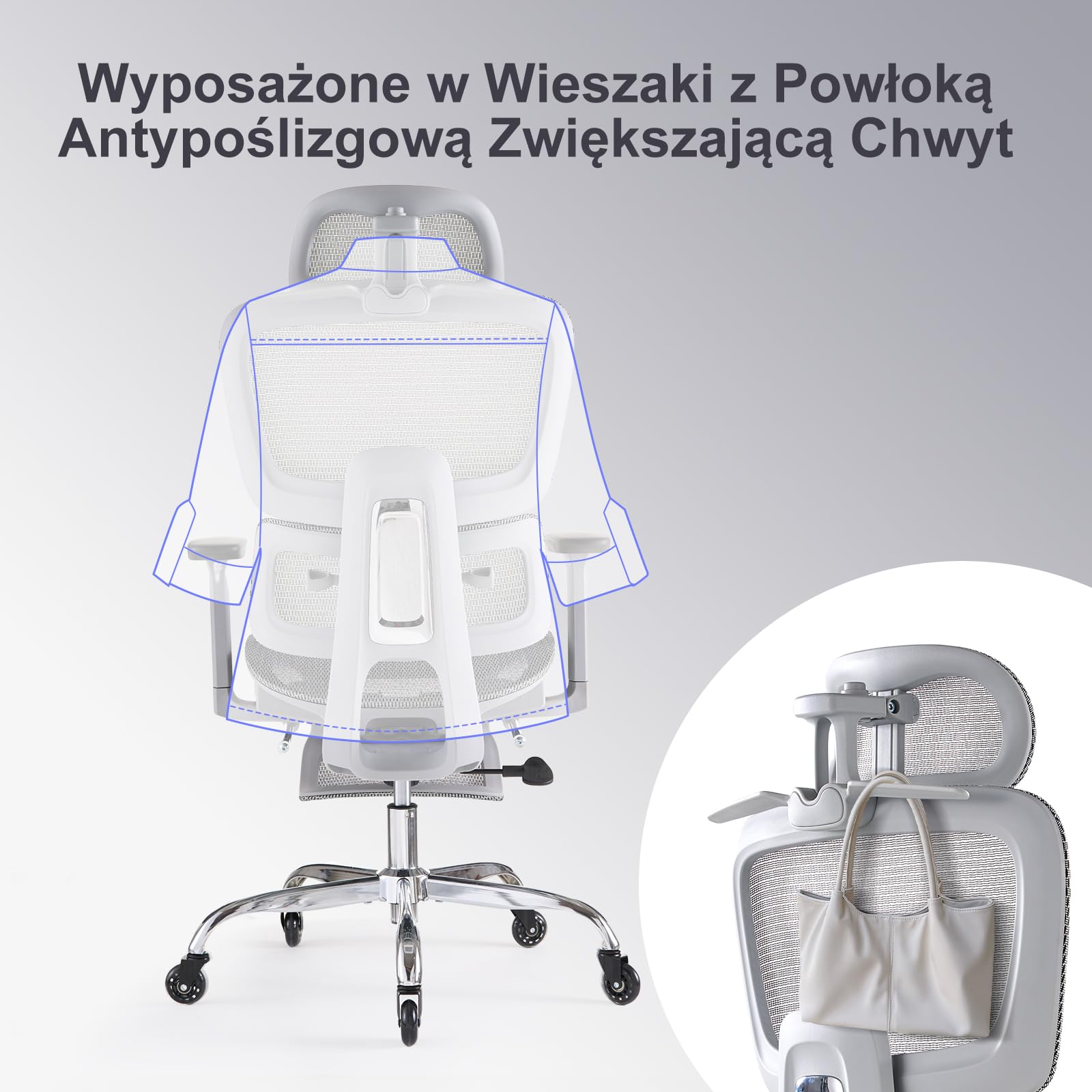 LarkLeaves Ergonomiczny Fotel Biurowy z Podnóżkiem Szary L10 Pro | Zagłówek 3D z wieszakiem, lędźwie 2D, podłokietniki 3D, oparcie 5-stopniowe, odchylenie 145 st., siatka, gumowe kółka