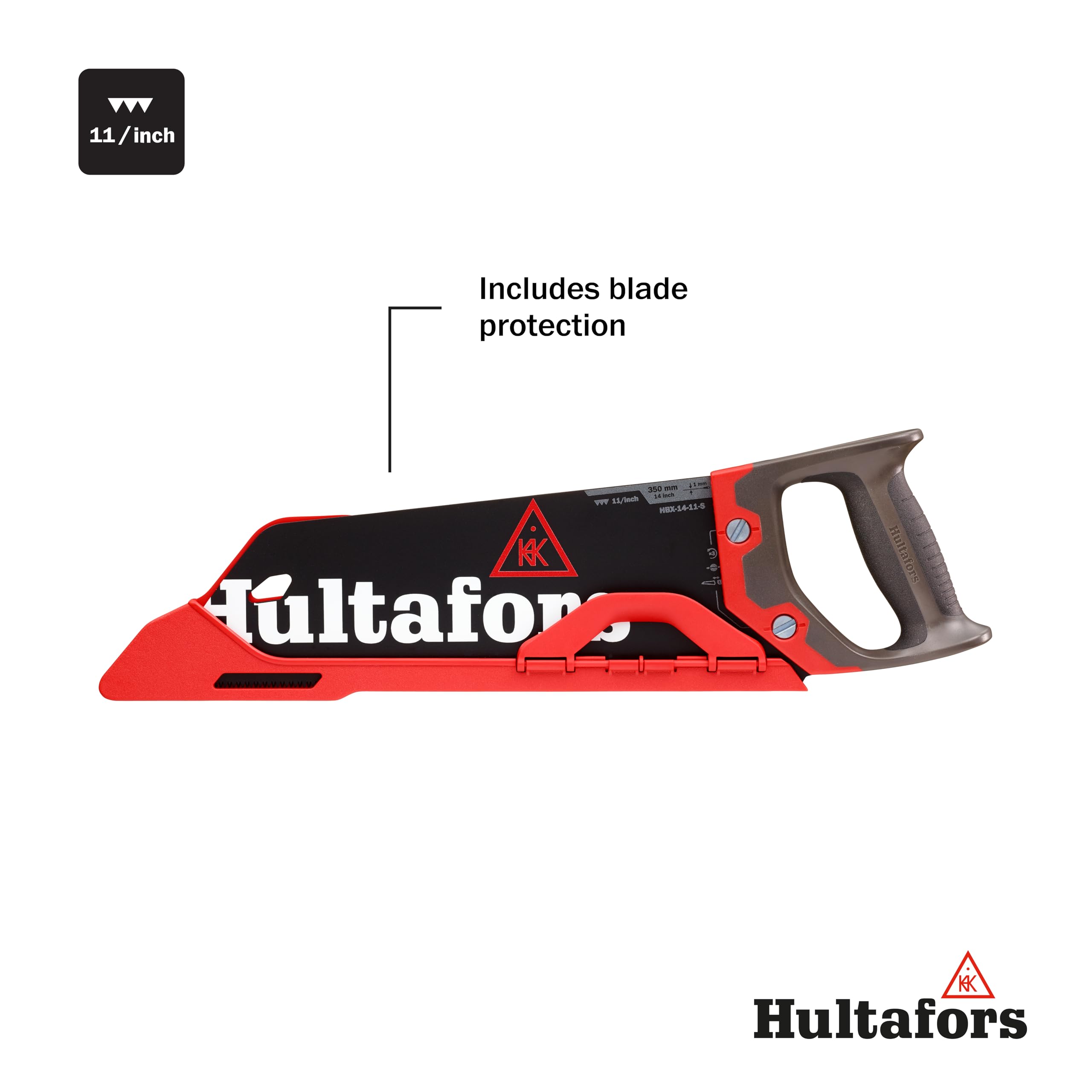 Sierra de mano de 350 mm de Hultafors | 11 dientes por pulgada | Sierra para madera y laminados | Acabado ecológico y mango ergonómico | Con protector de hoja incluido | 590750