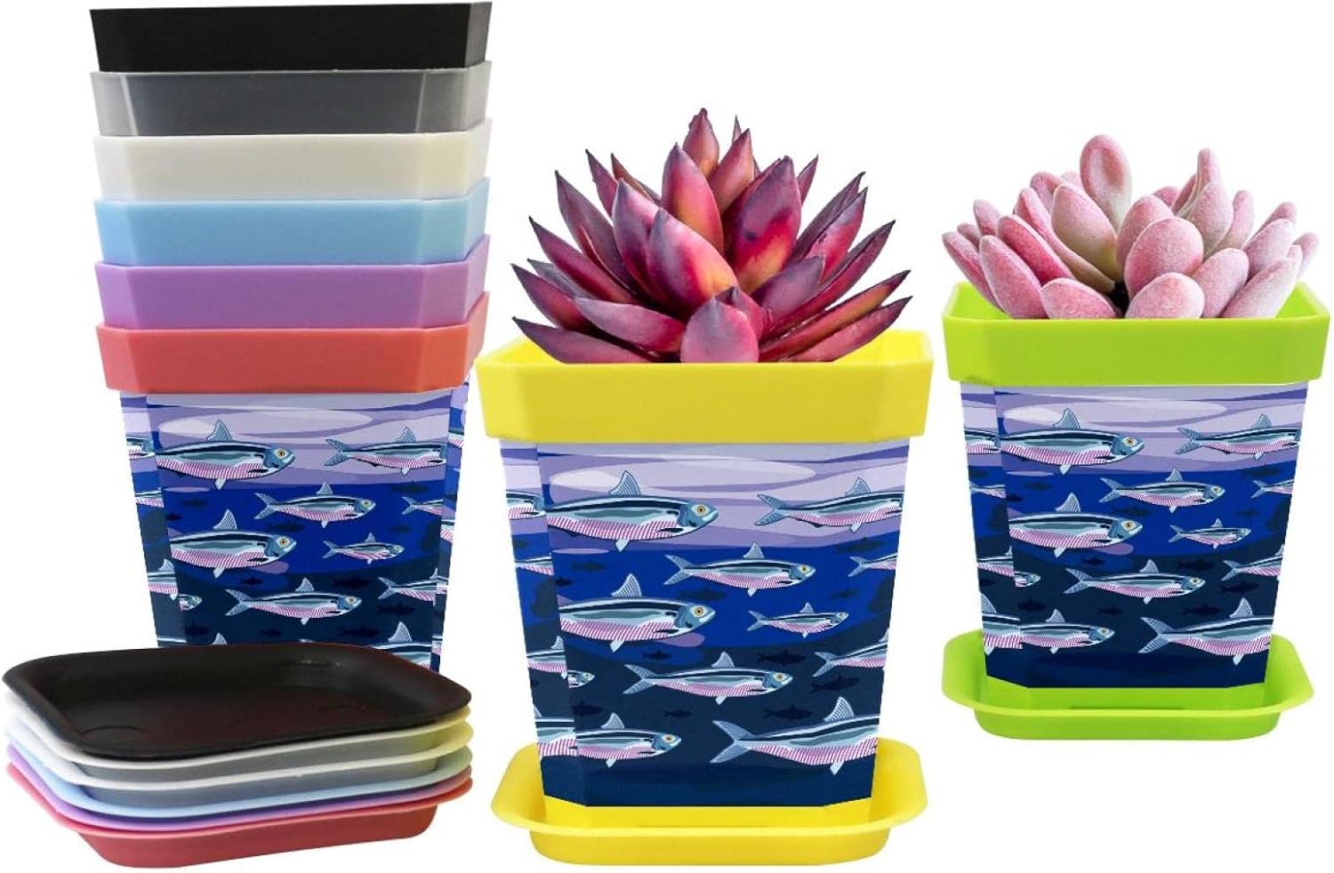 Paquete de 8 macetas de plástico para vivero, macetas de plantas de semillero, macetas suculentas con platillo, patrón de peces de colonia de sardina
