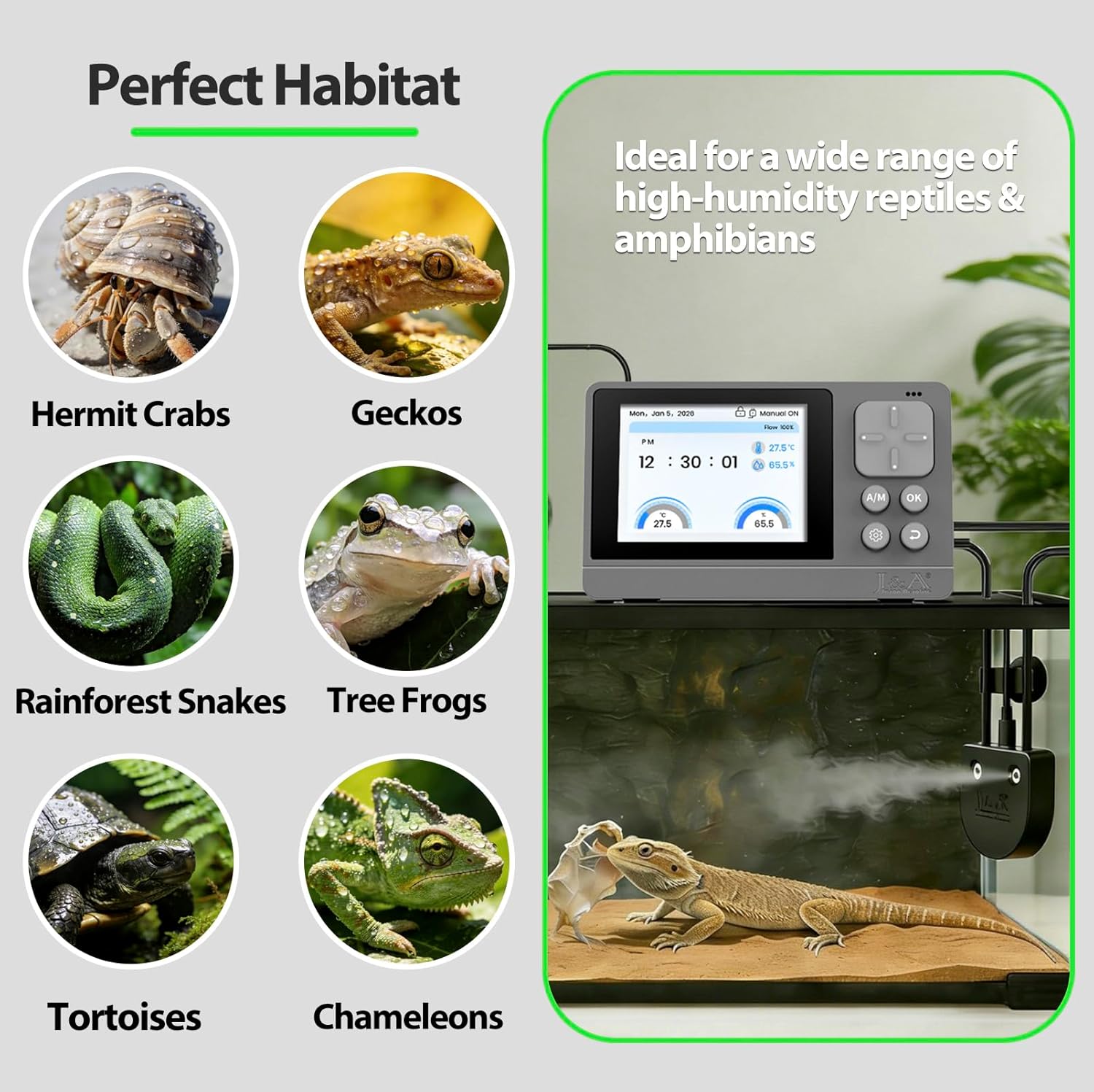 J&A Reptile Fogger, Automatic Mister for Reptile Tank & Terrarium Humidifier with Temp & Humidity Probe, Ideal for Amphibians, Paludarium, Vivarium (Grey & Black, New-Gen)